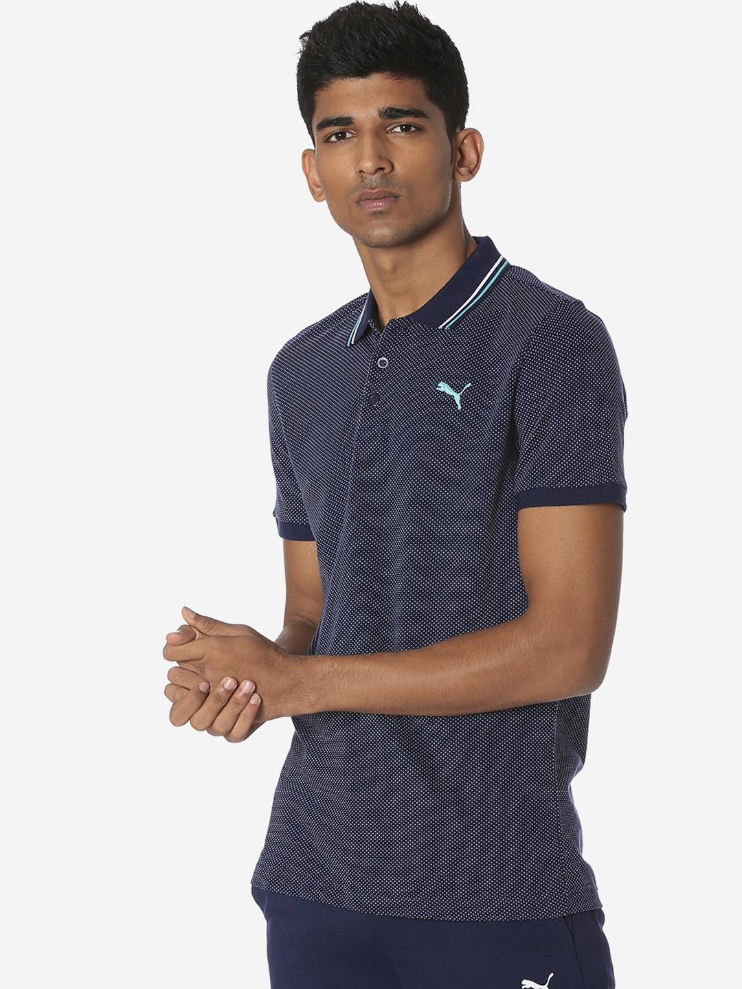

Puma Men Blue Printed Jacquard Polo 3 Peacoat Collar T-shirt