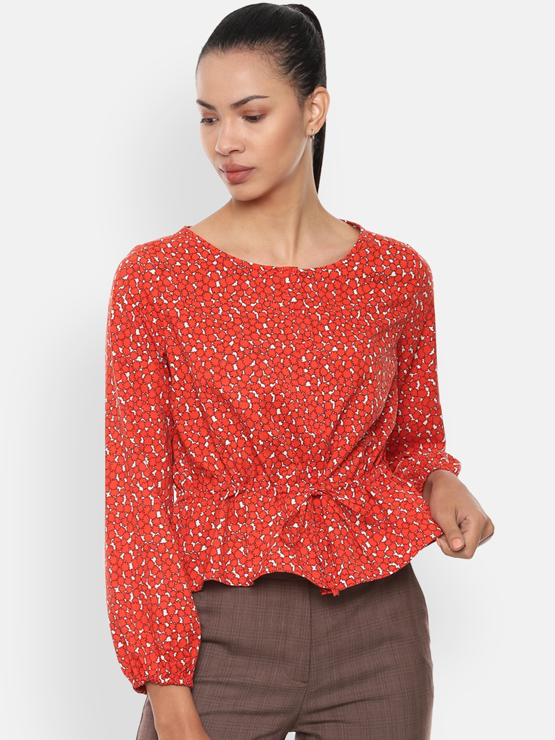 

Van Heusen Women Orange & White Printed Cinched Waist Top