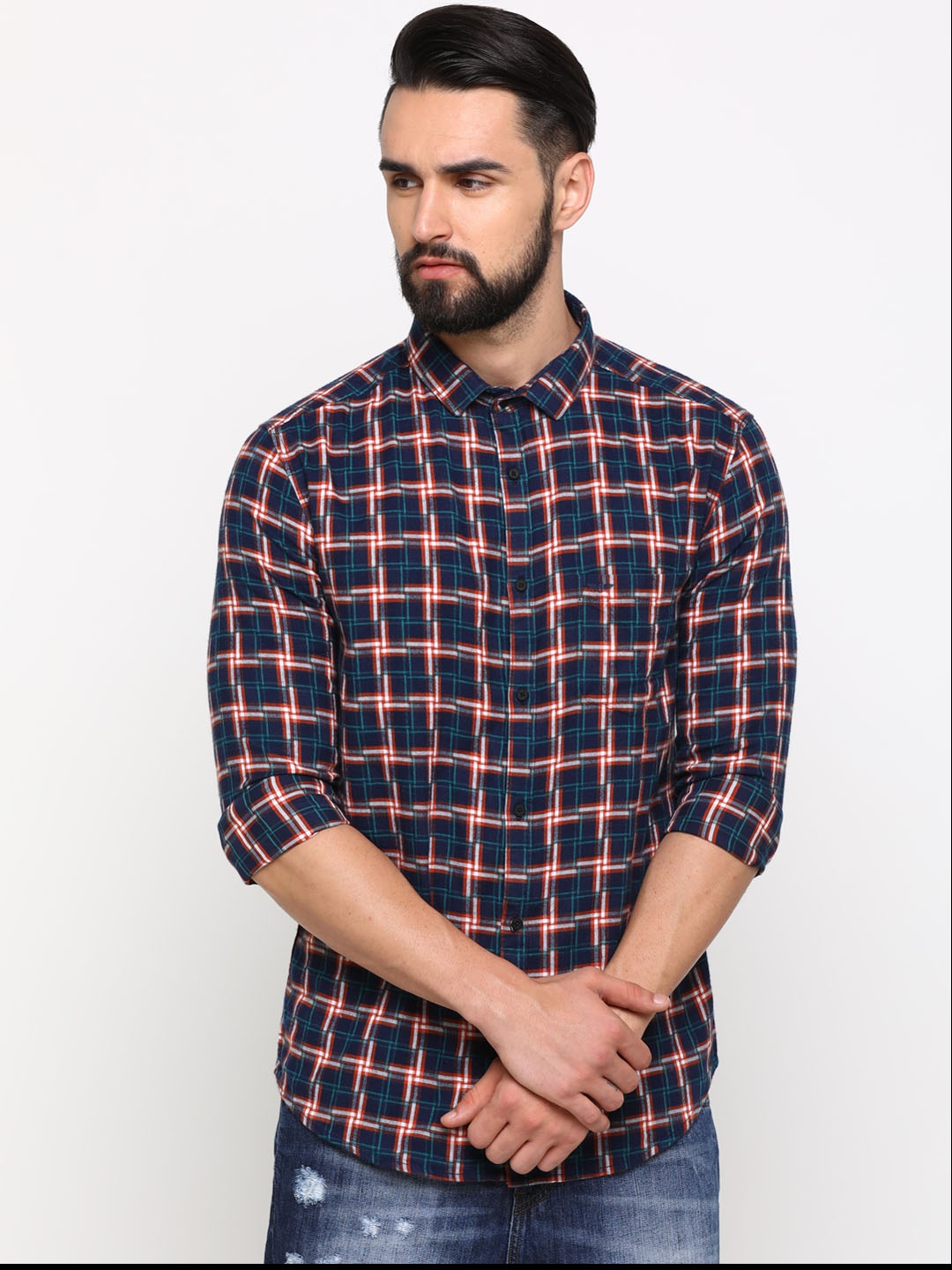 

SHOWOFF Men Navy Blue & Red Slim Fit Checked Casual Shirt