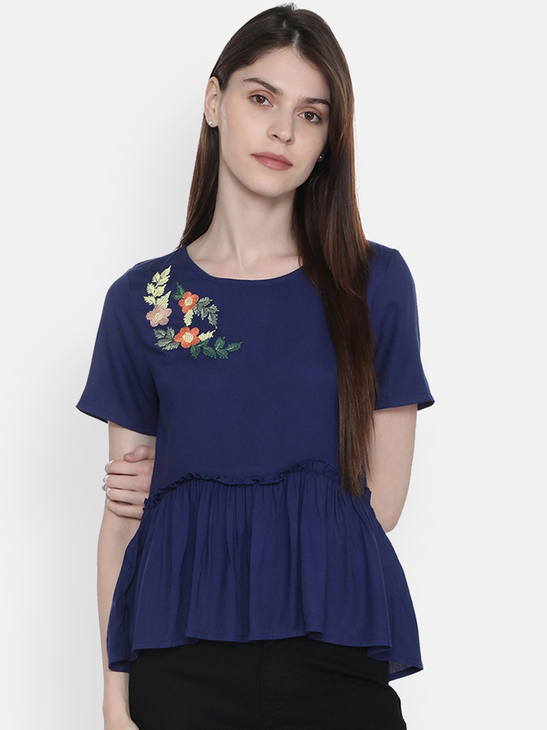 

People Women Navy Blue Solid Cinched Waist Top