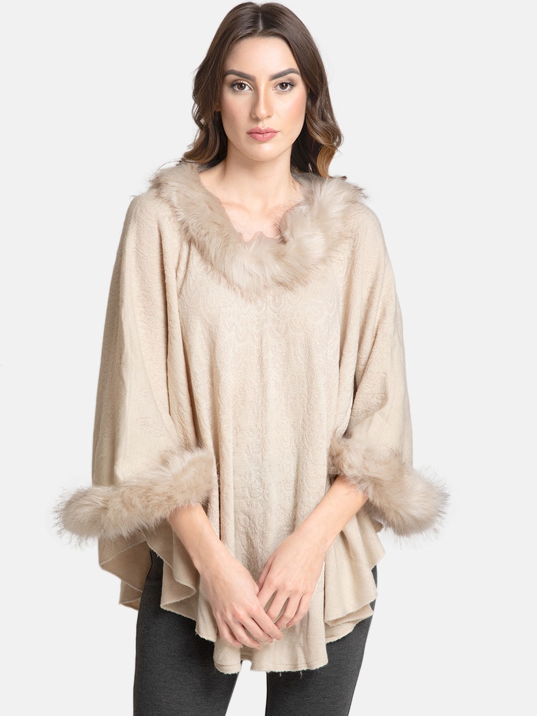 

Kazo Women Beige Solid Poncho Sweater