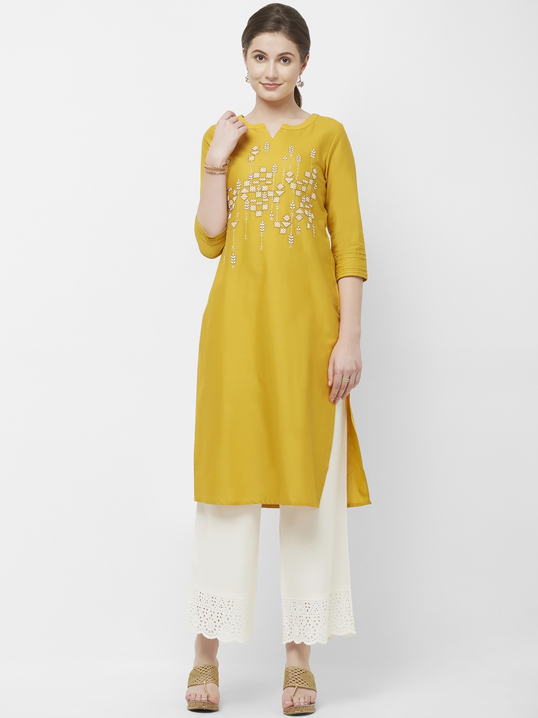 

Naari Women Mustard Yellow & Beige Embroidered Straight Pure Cotton Kurta