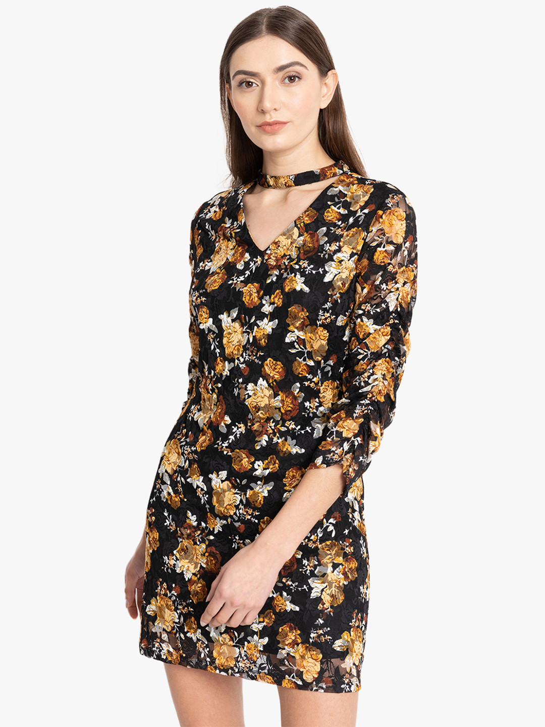 

Kazo Women Black & Orange Floral Print Sheath Dress
