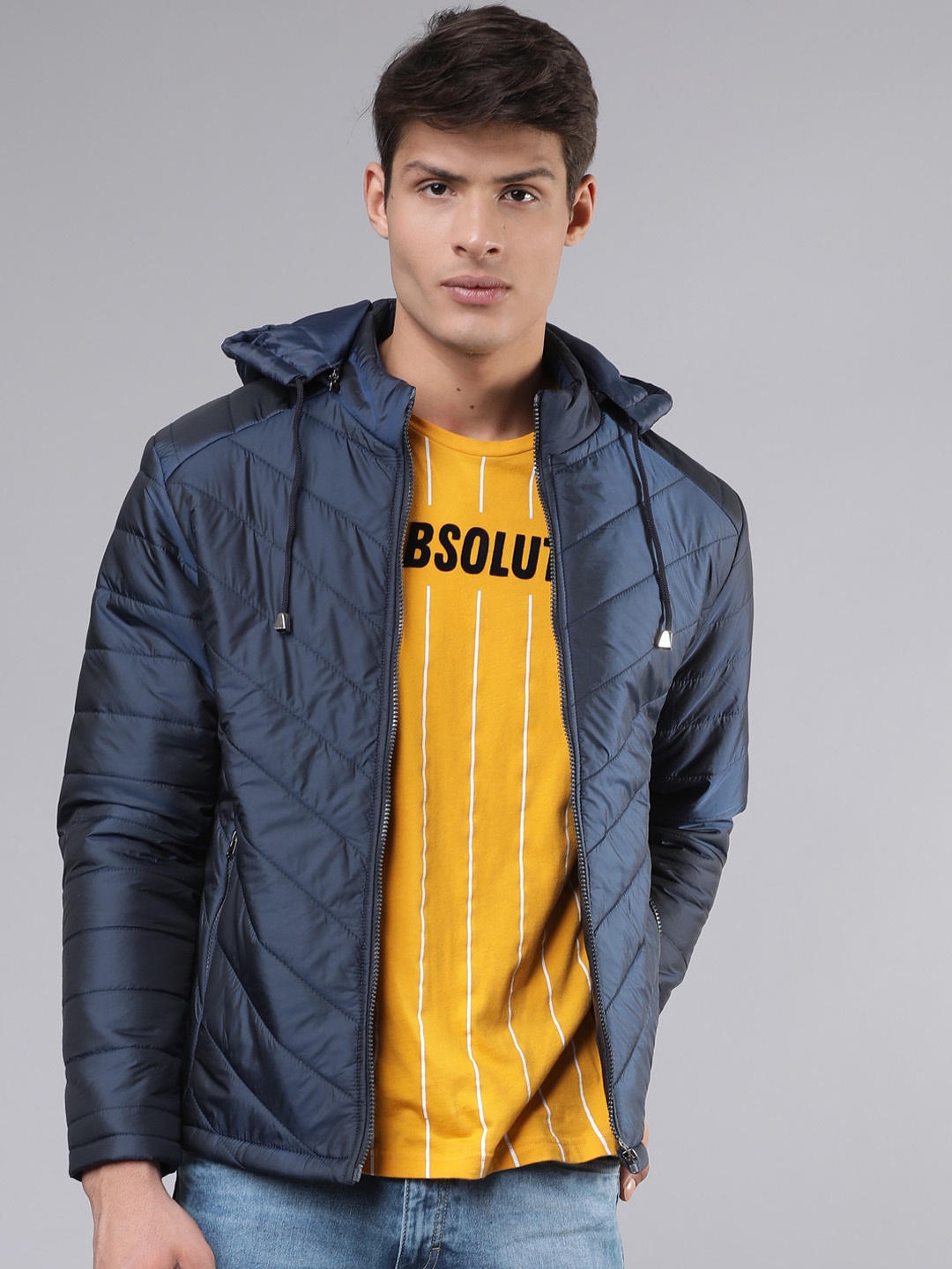LOCOMOTIVE Men Solid Padded Jacket, Navy blue