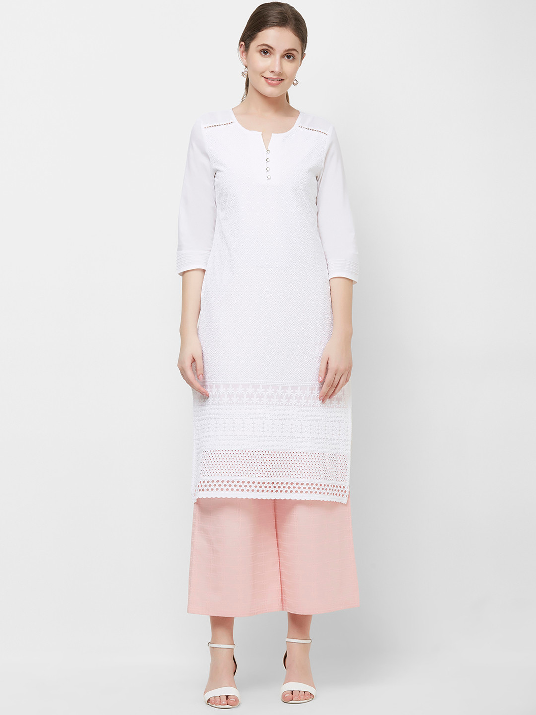 

Naari Women White Embroidered Straight Calf-Length Pure Cotton Kurta