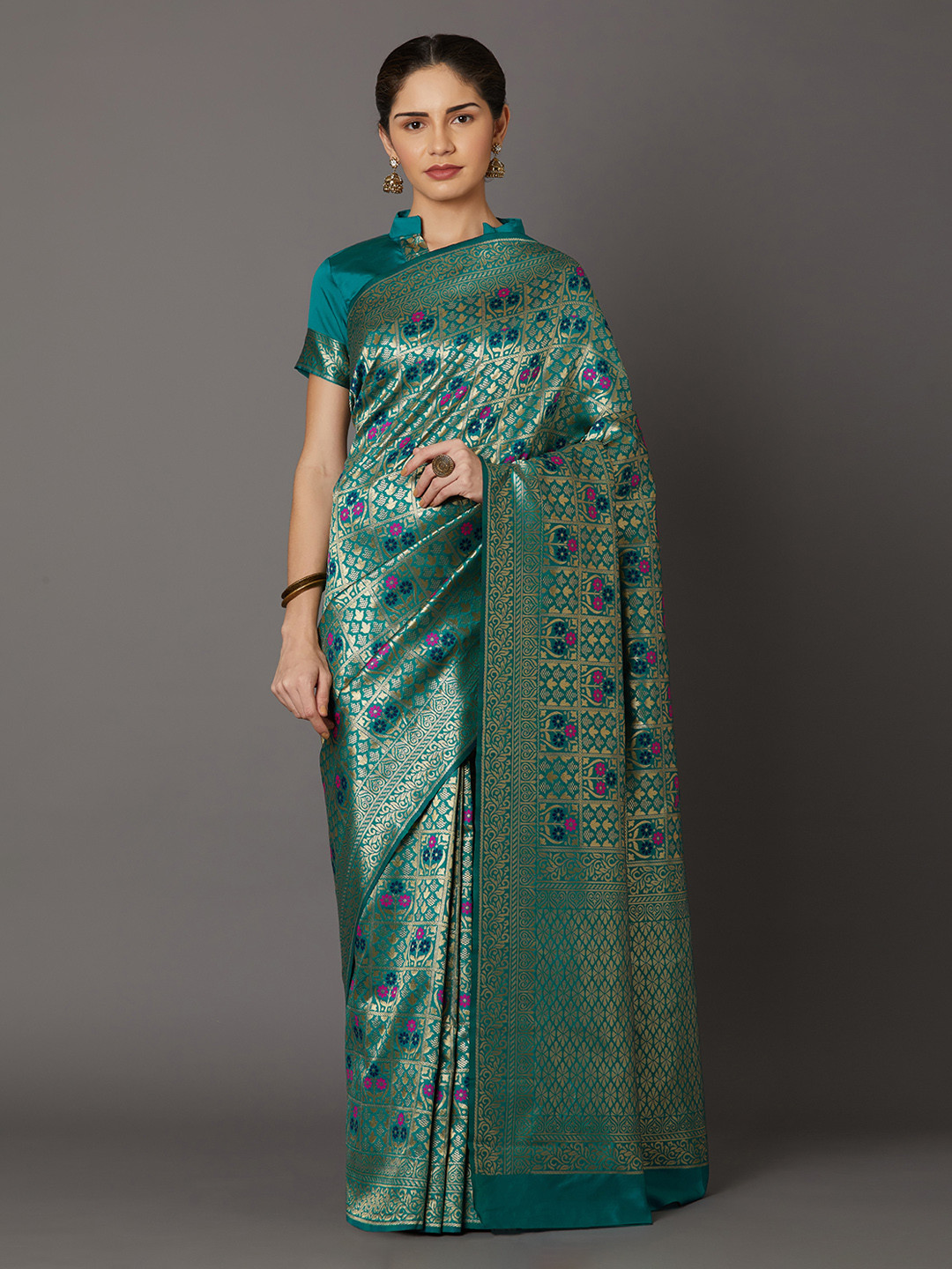 

Mitera Teal Blue Silk Blend Woven Design Kanjeevaram Saree