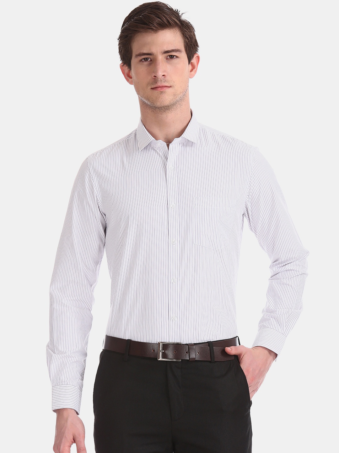 

Excalibur Men White Regular Fit Striped Semiformal Shirt