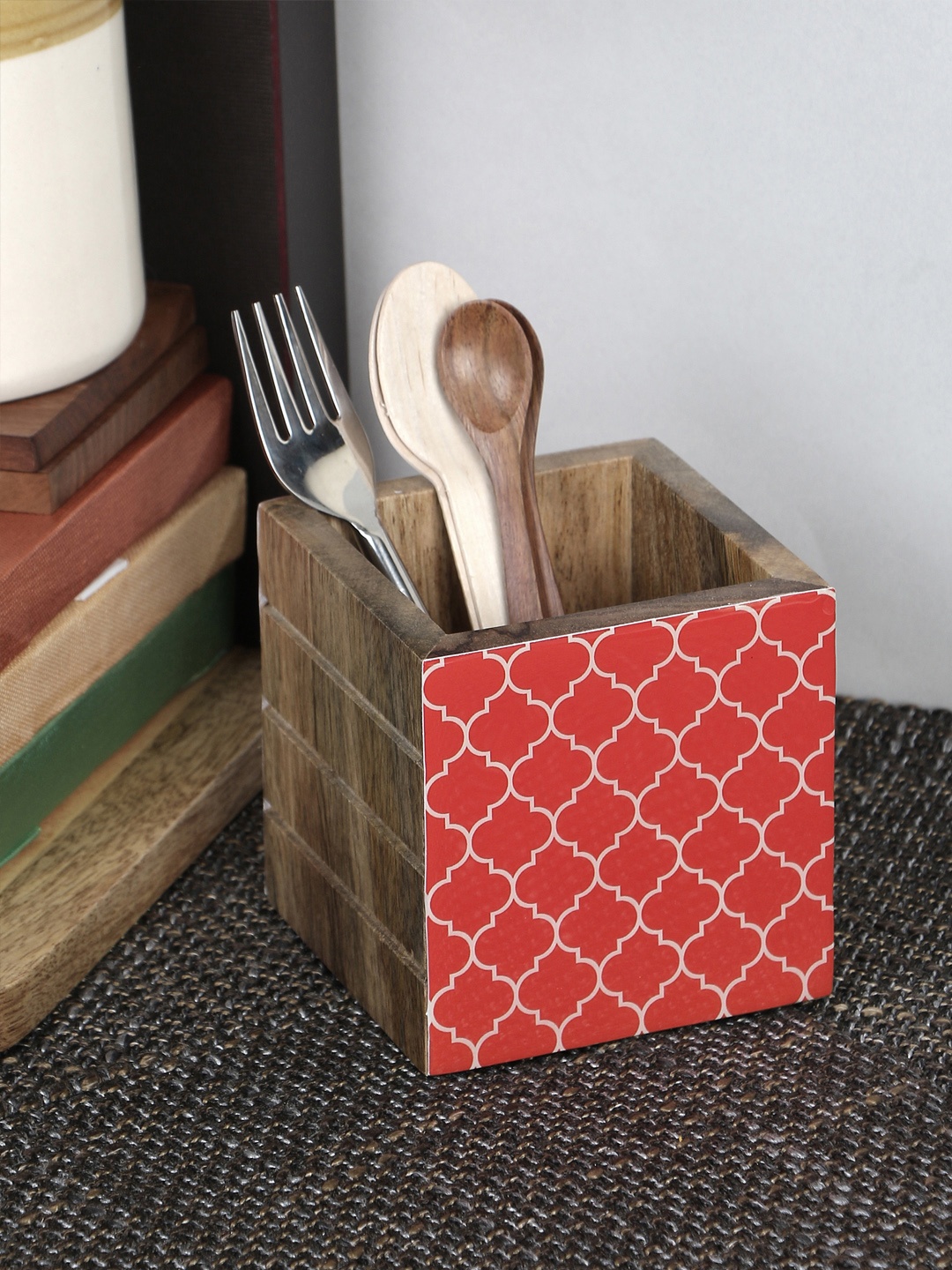 

VarEesha Red Hand Painted Mango Wood Cutlery Holder