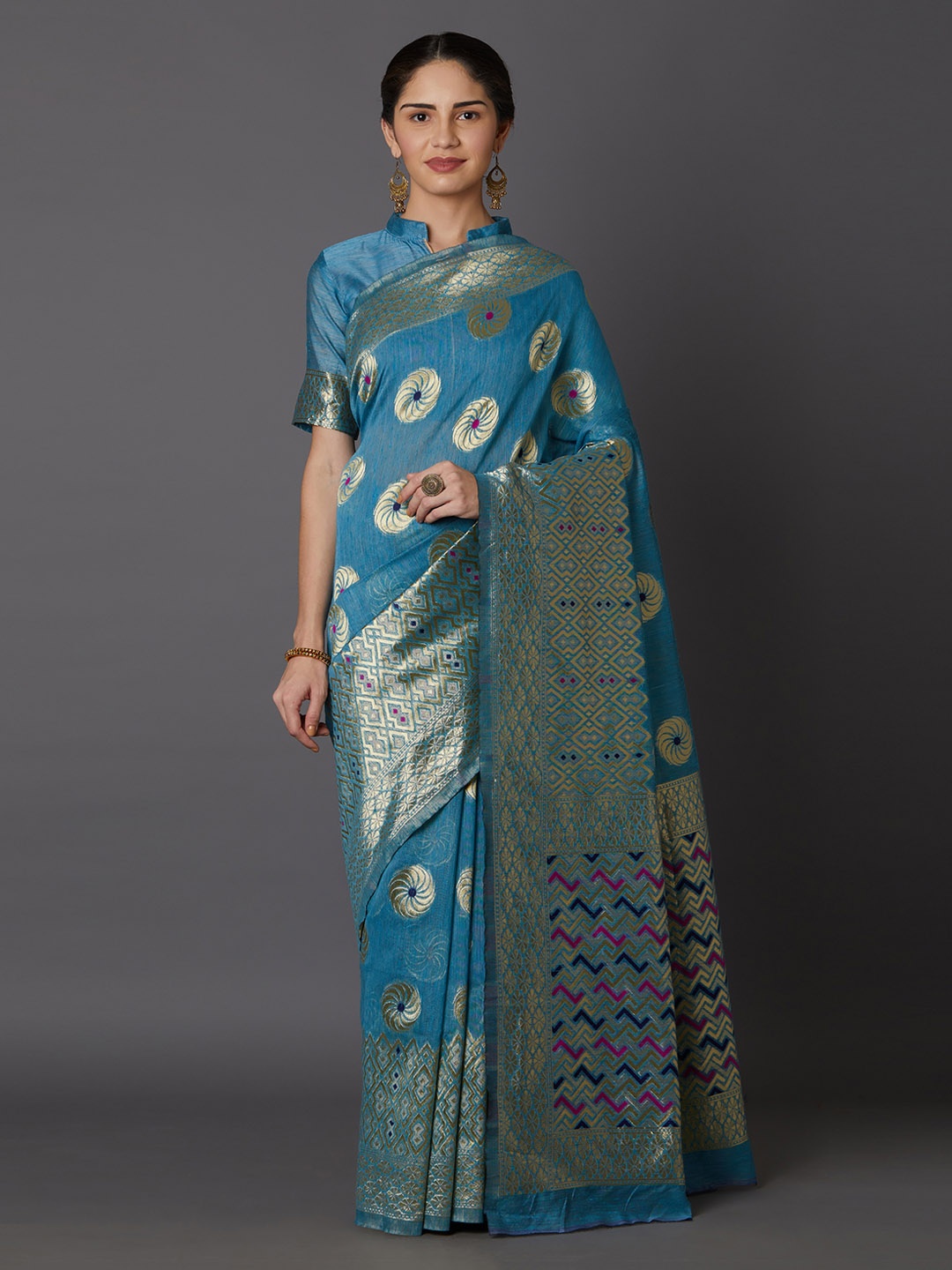 Mitera Teal Blue & Gold-Toned Silk Blend Woven Design Kanjeevaram Saree