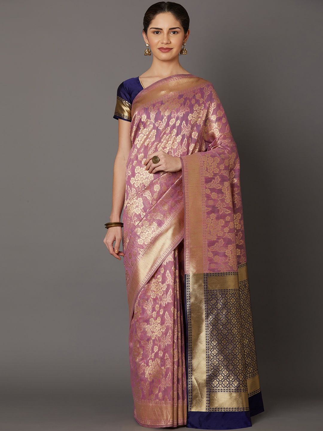 

Mitera Peach-Coloured & Blue Silk Blend Woven Design Kanjeevaram Saree