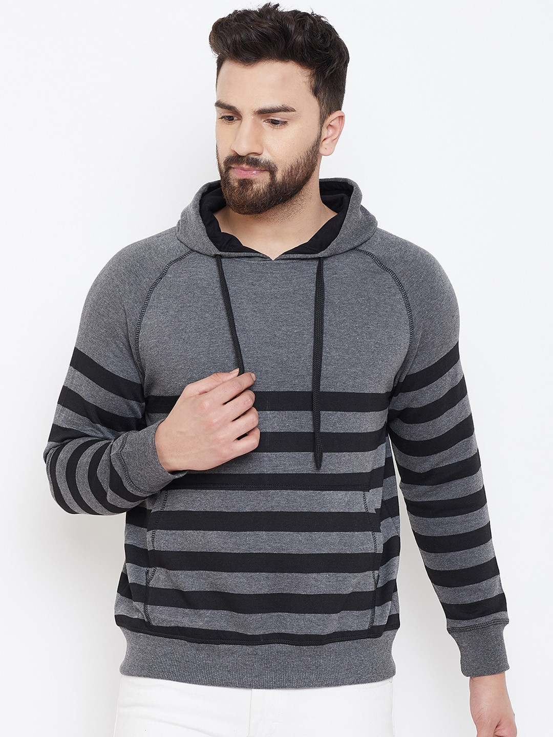 

Austin wood Men Charcoal & Black Striped Hooded Sweatshirt