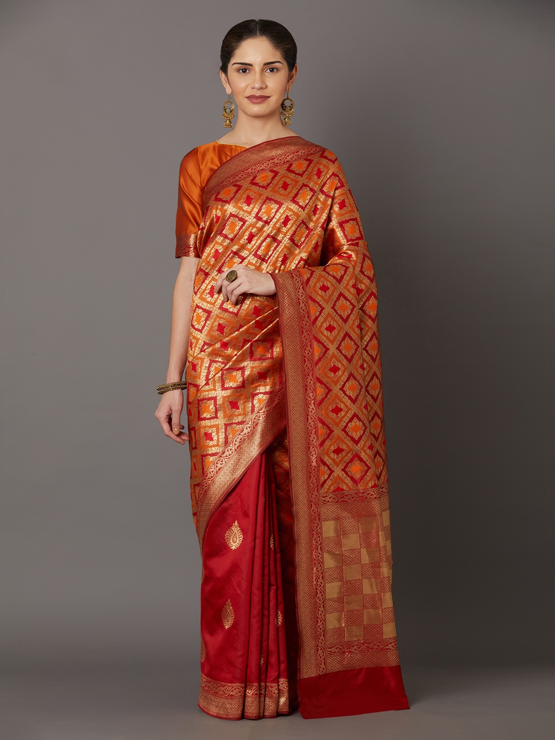 

Mitera Orange & Gold-Coloured Silk Blend Woven Design Kanjeevaram Saree