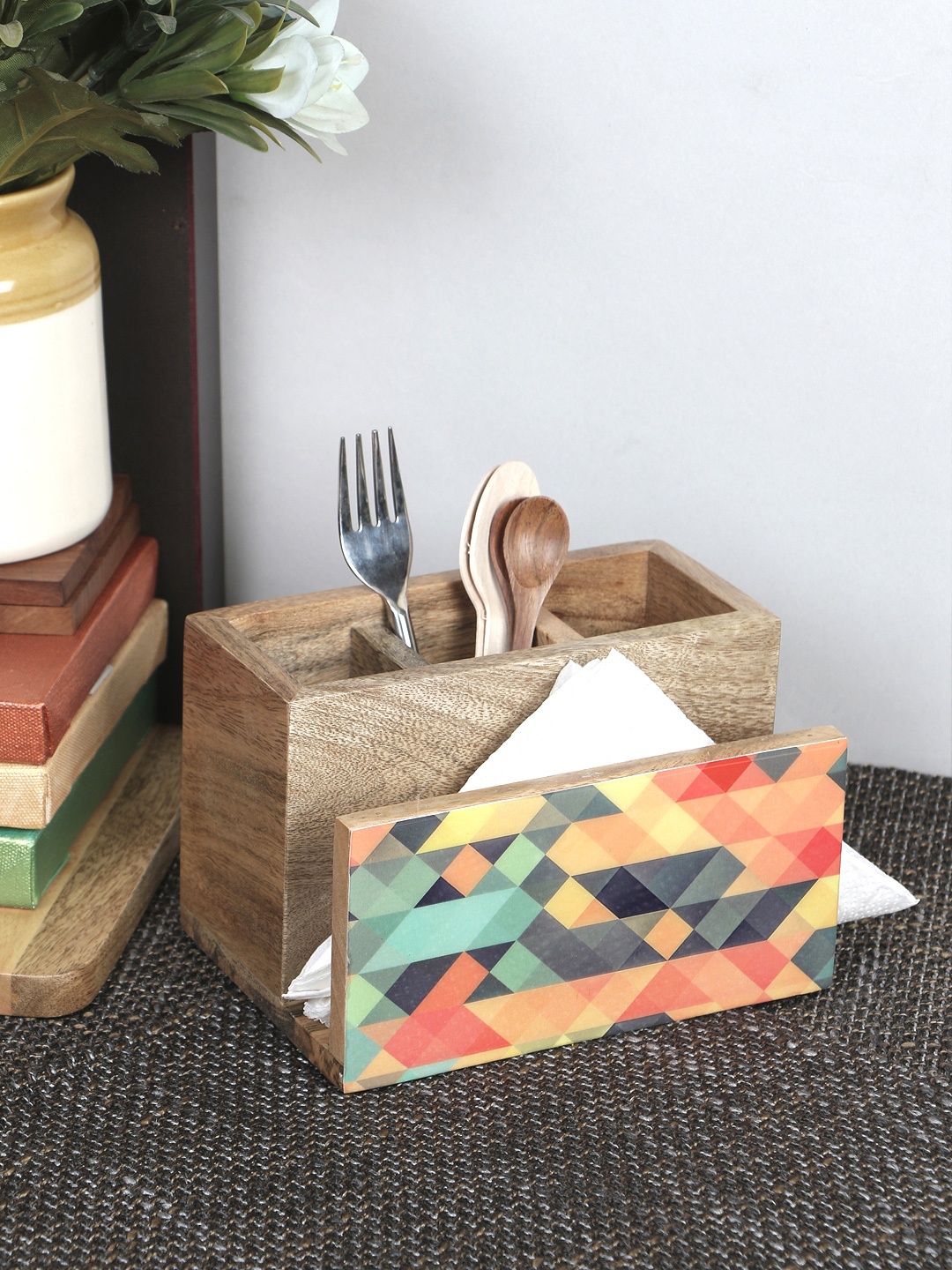 

VarEesha Multicoloured Hand Painted Mango Wood Tissue With Cutlery Holder, Multi