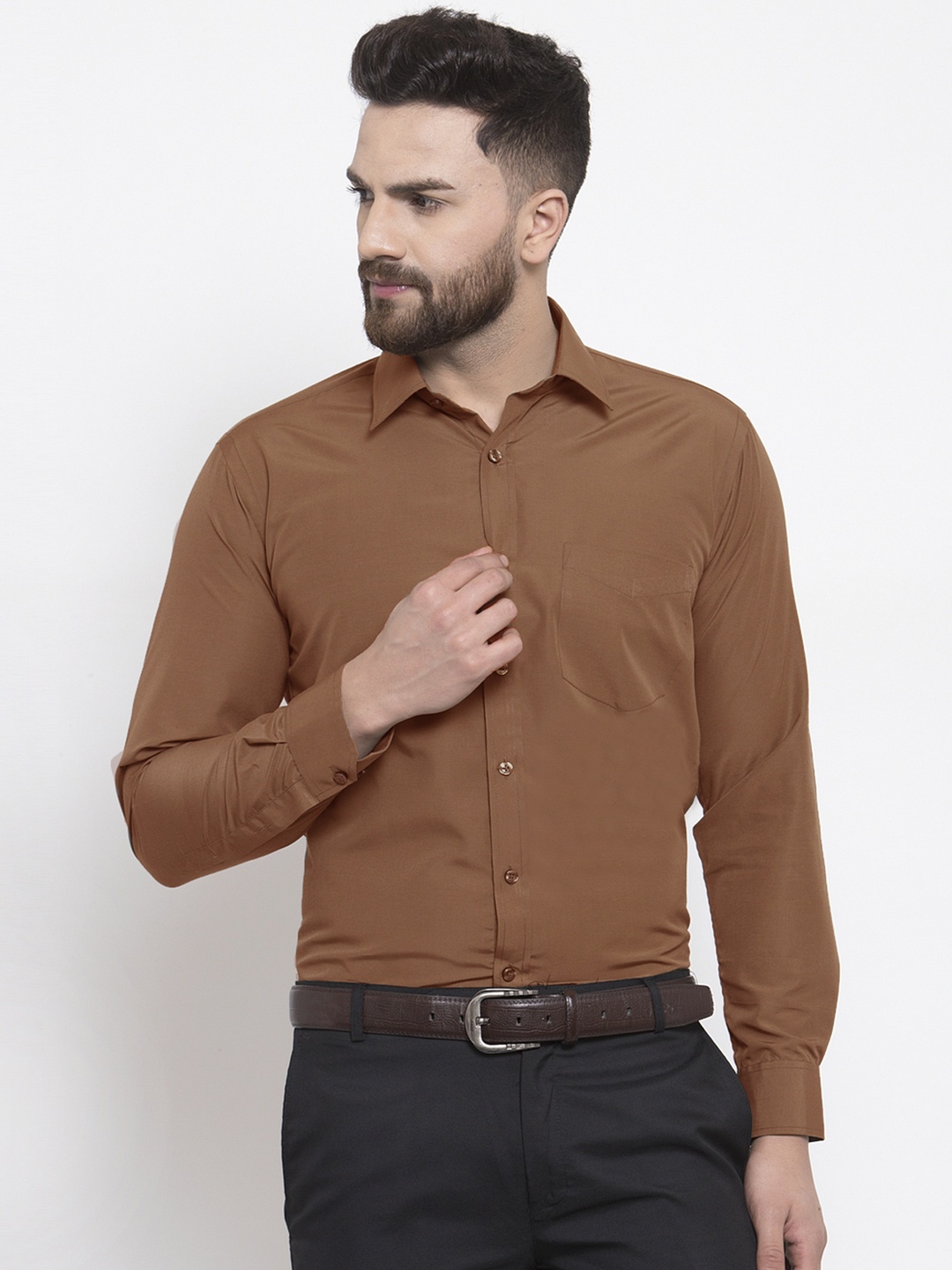 

English Navy Men Coffee Brown Slim Fit Solid Formal Shirt