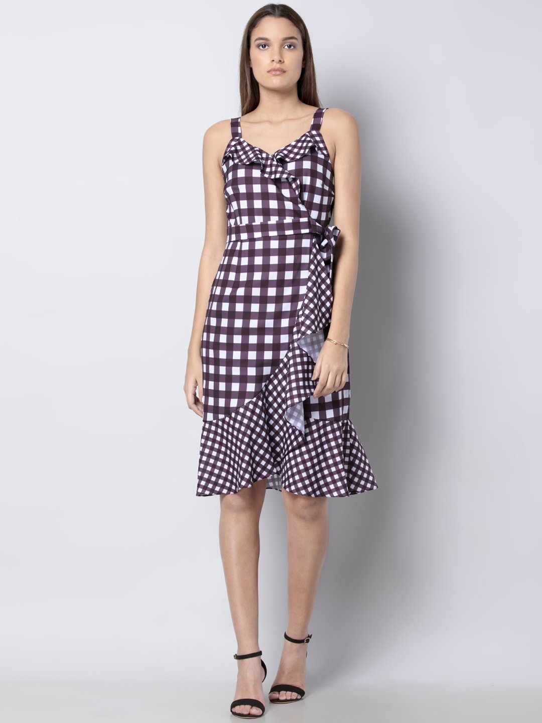 

FabAlley Women Purple Checked Wrap Dress