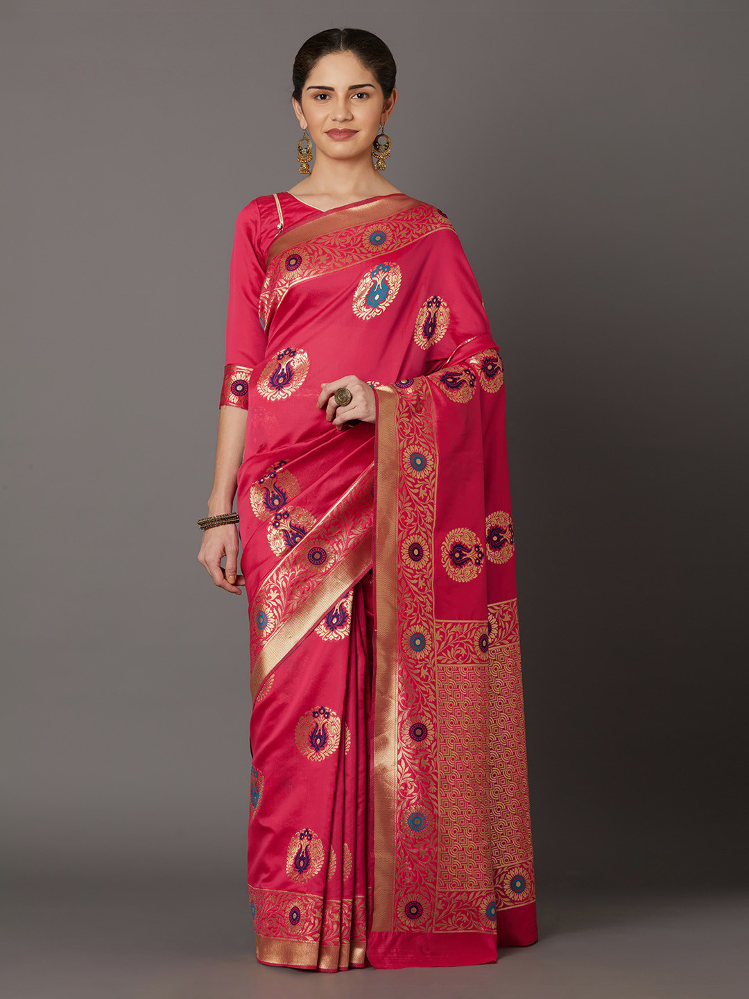 

Mitera Pink & Gold-Coloured Silk Blend Woven Design Kanjeevaram Saree