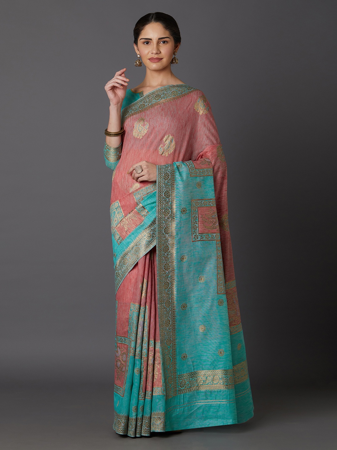 

Mitera Pink & Turquoise Blue Silk Blend Woven Design Kanjeevaram Saree
