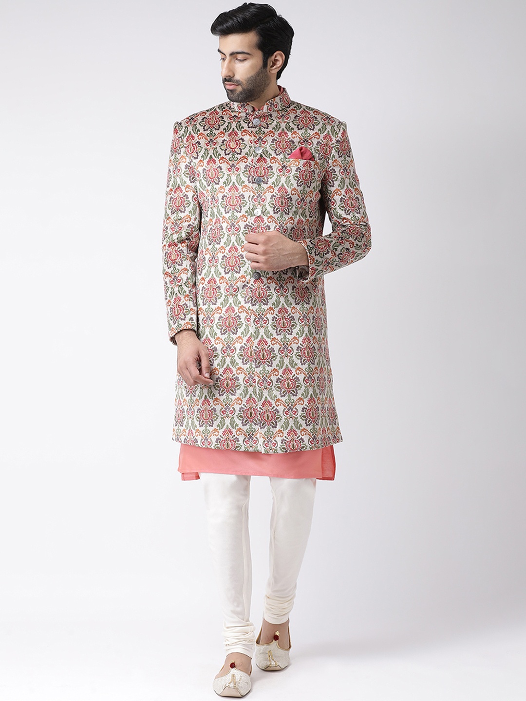 

KISAH Men Peach Coloured & Off-White Printed Velvet Indowestern Sherwani Set