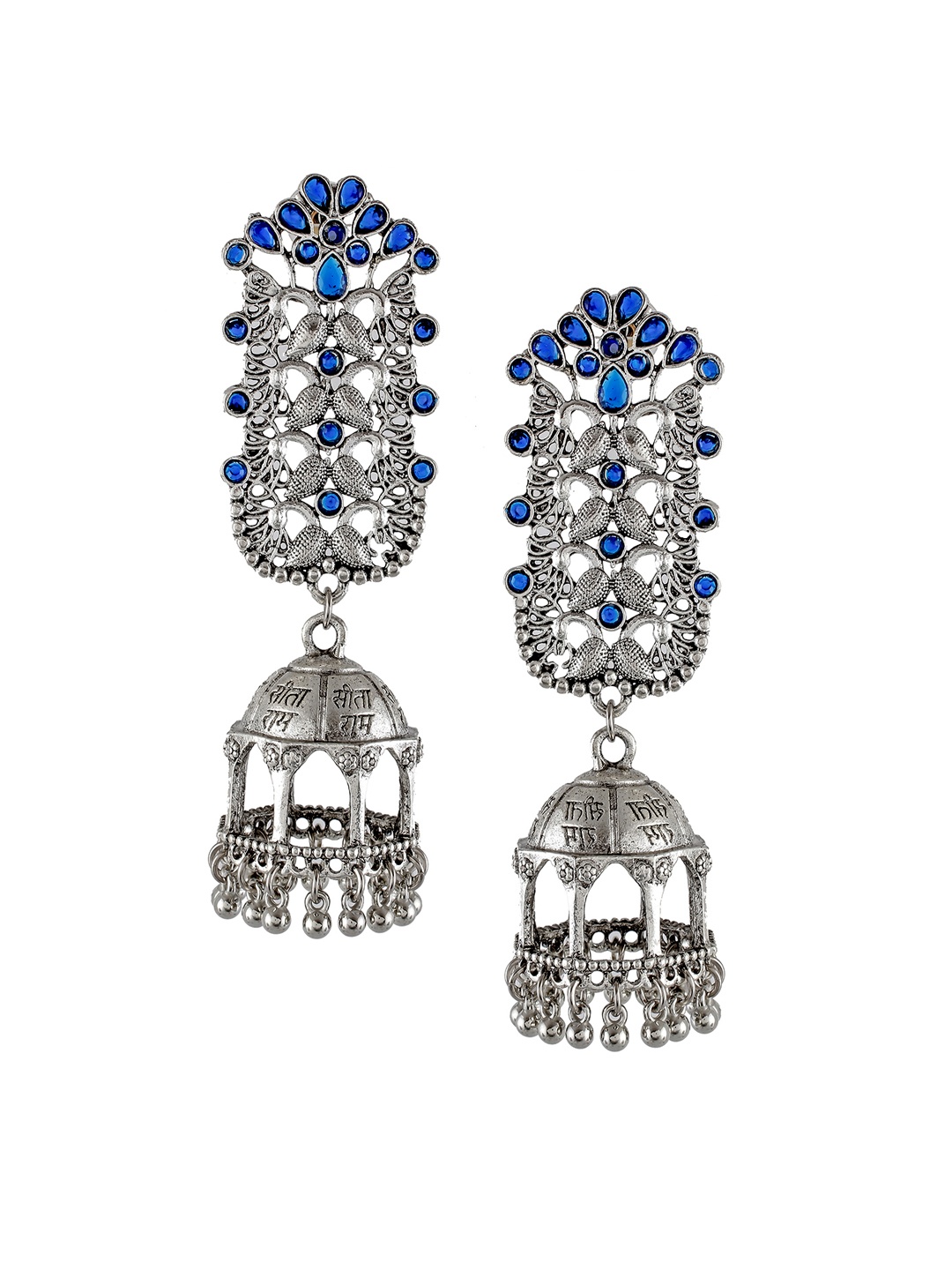 

Silvermerc Designs Blue & Silver-Plated Oxidised Dome Shaped Jhumkas