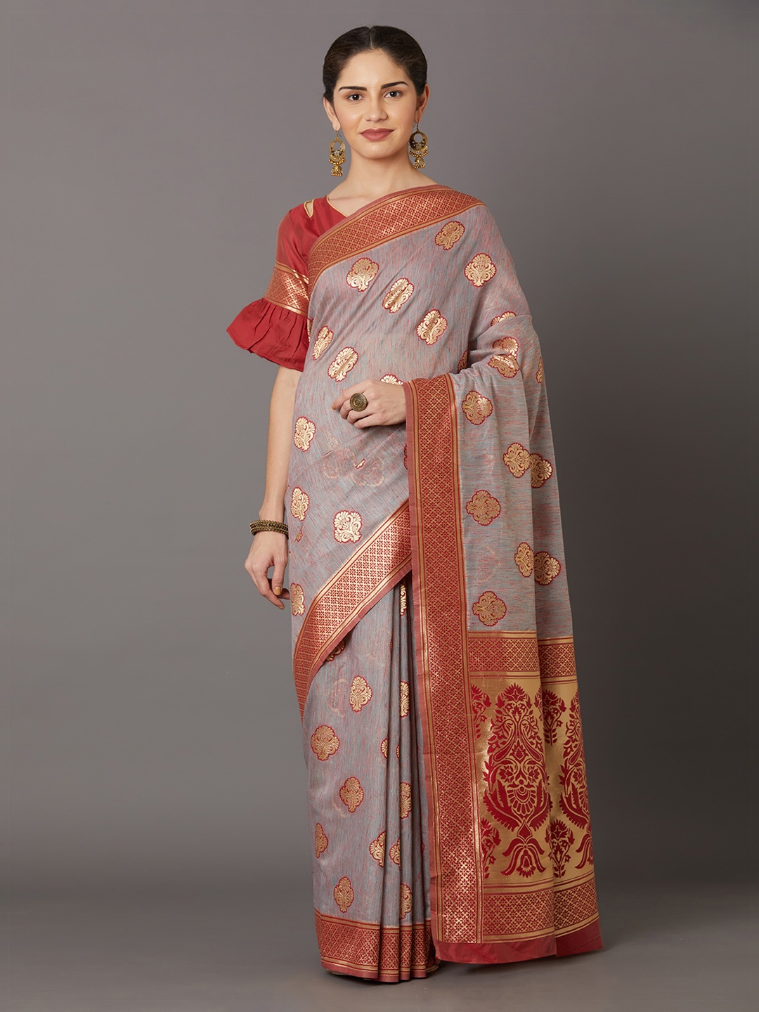 

Mitera Grey & Maroon Silk Blend Woven Design Kanjeevaram Saree