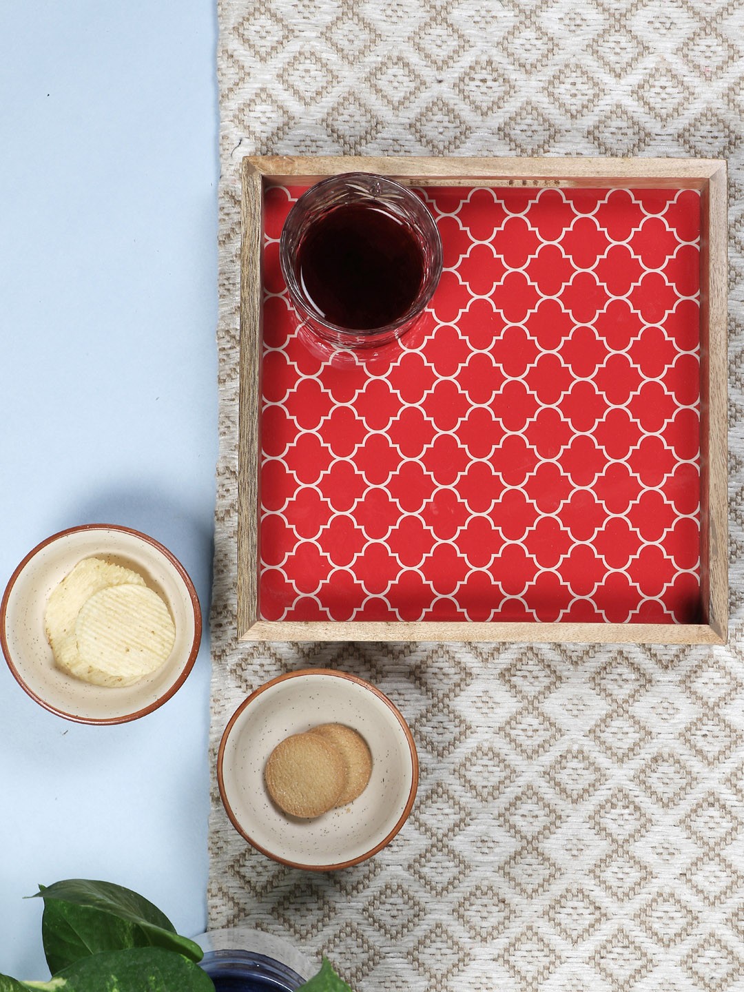 

VarEesha Beige & Red Moroccan Print Mango Wood Square Serving Tray