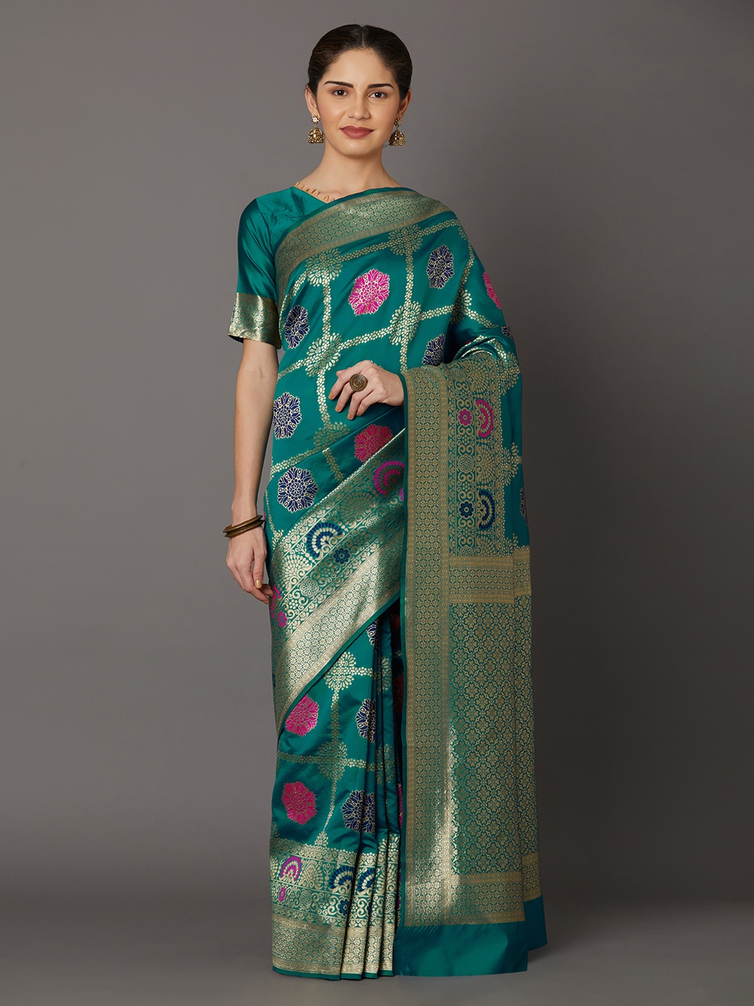 

Mitera Teal Green & Pink Silk Blend Woven Design Kanjeevaram Saree