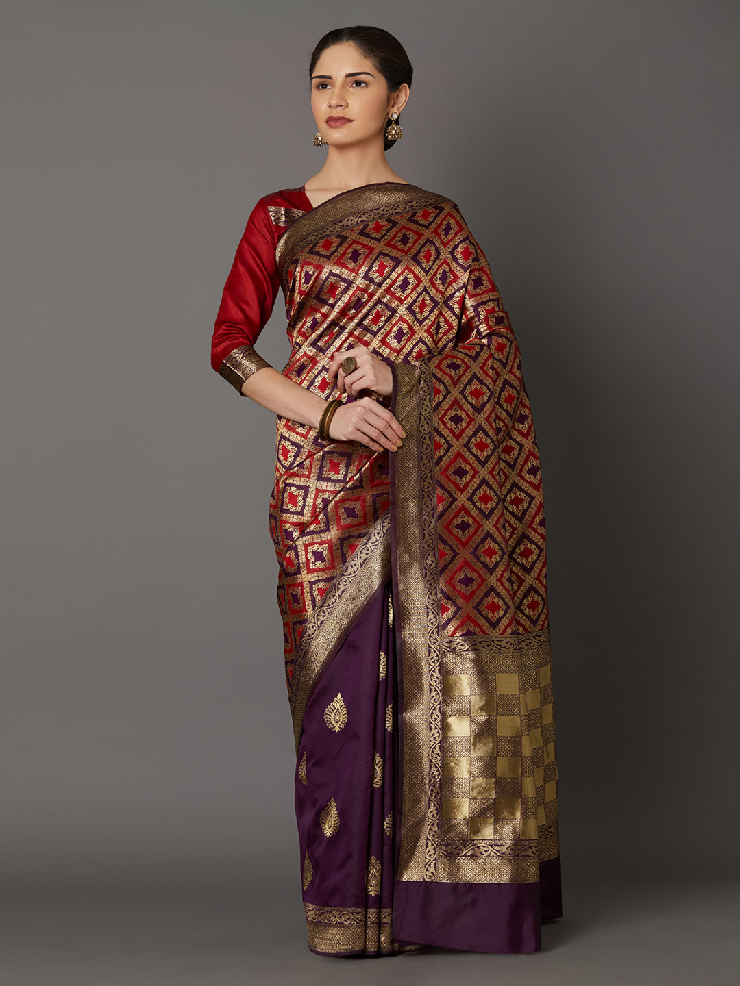 

Mitera Purple & Red Silk Blend Woven Design Kanjeevaram Saree