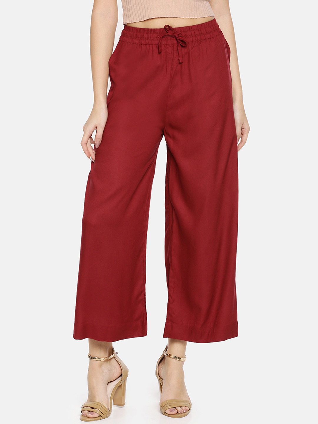 

TWIN BIRDS Women Maroon Solid Wide Leg Palazzos
