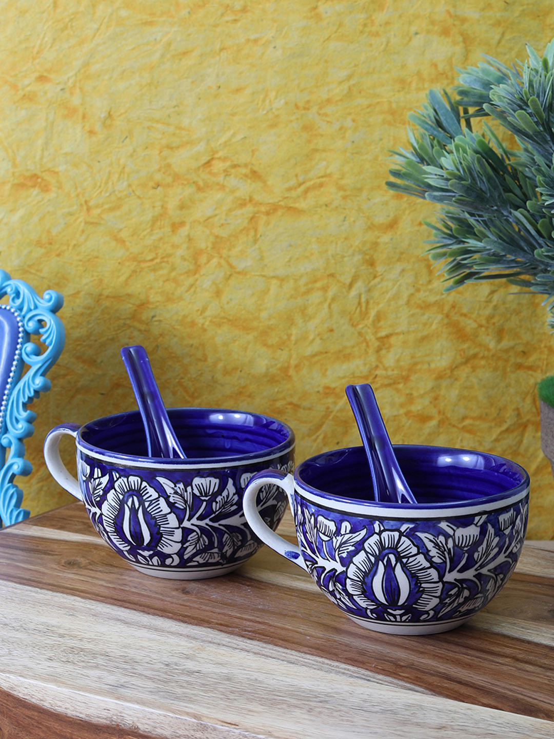 

VarEesha Blue Set of 2 Blue Printed Ceramic Soup Bowl with Spoon