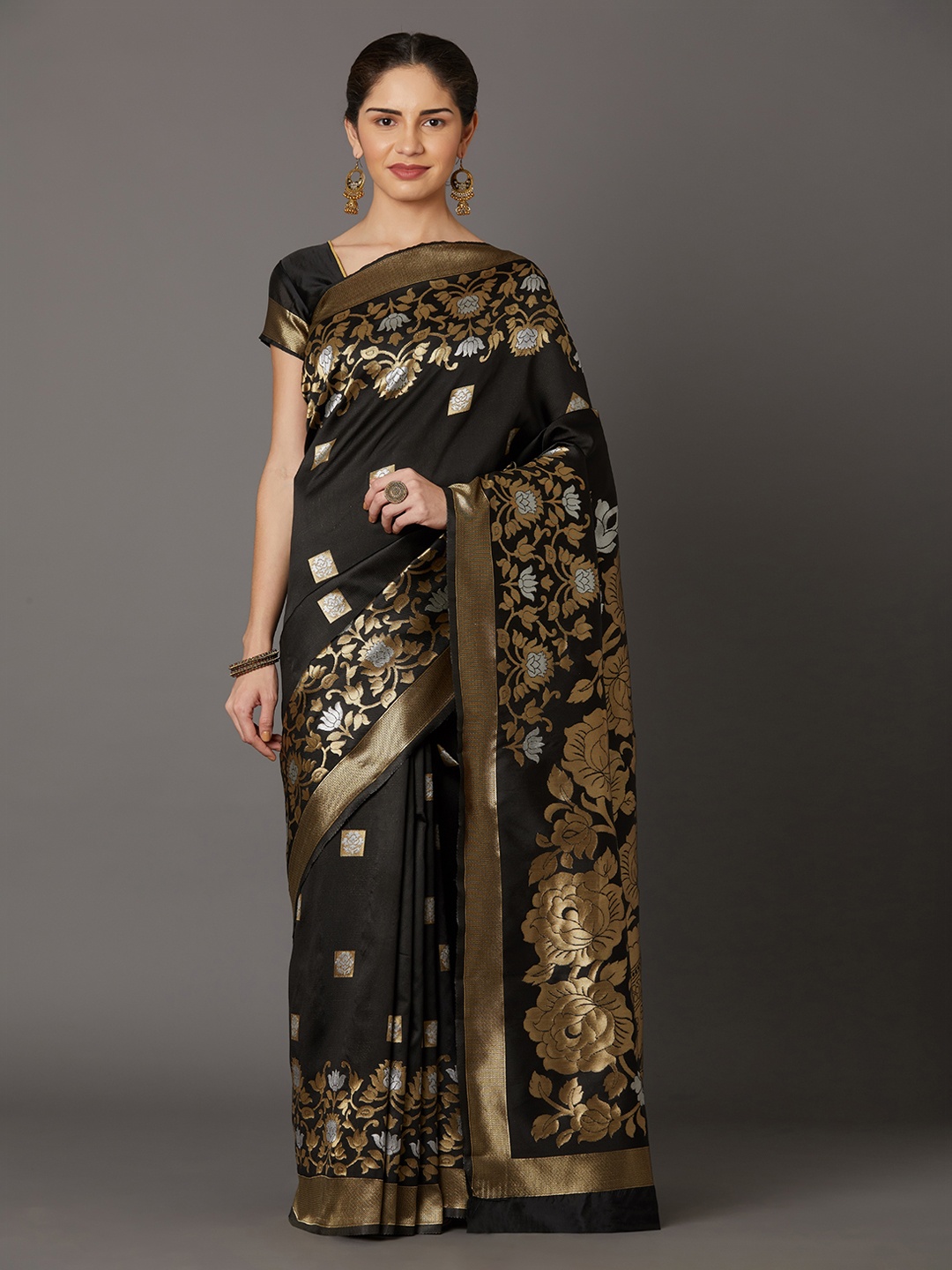 Mitera Black & Gold-Toned Silk Blend Woven Design Kanjeevaram Saree