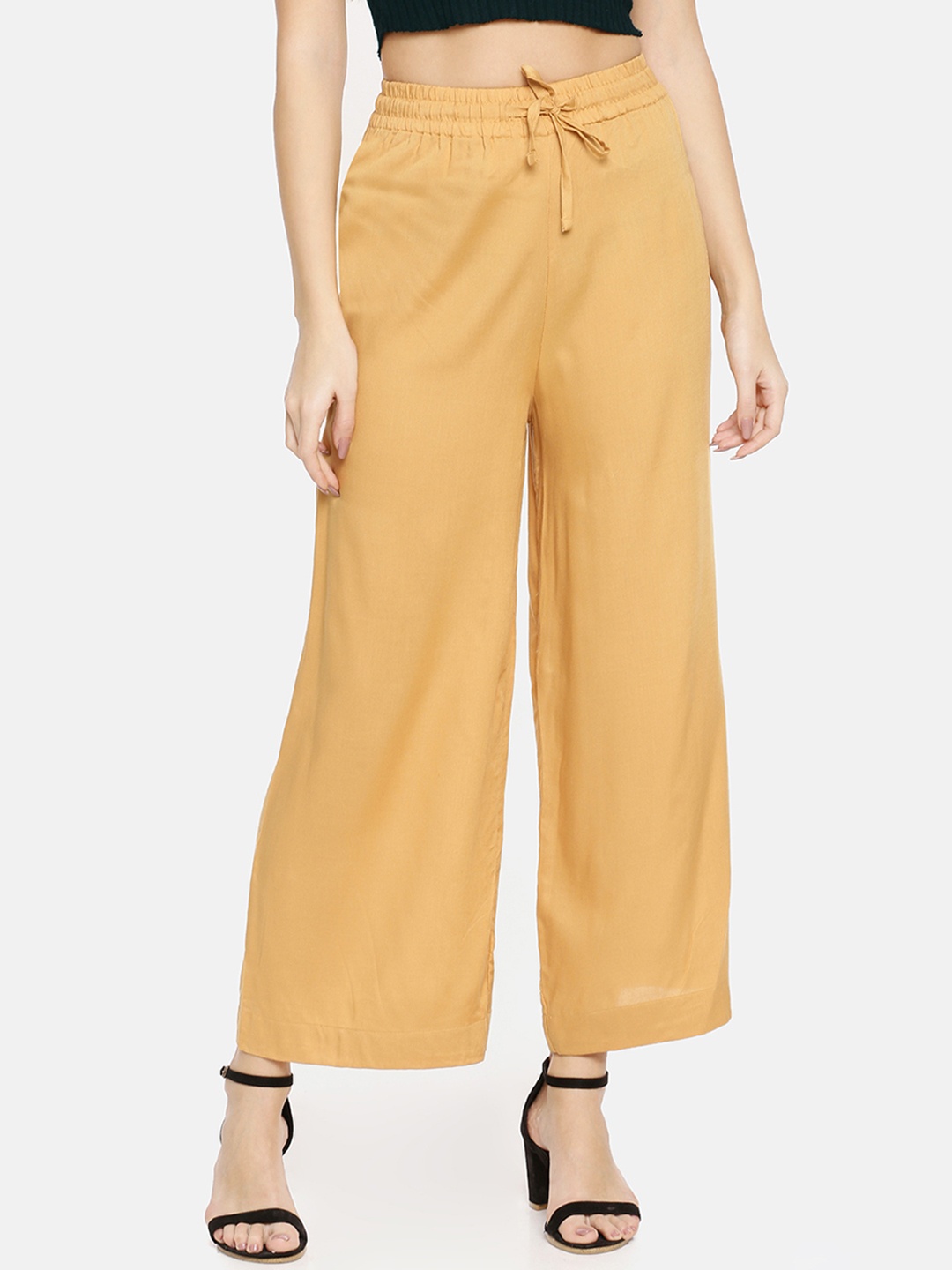 

TWIN BIRDS Women Mustard Yellow Solid Wide Leg Palazzos