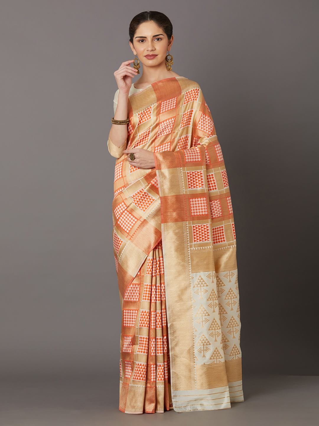 

Mitera Orange & Off-White Silk Blend Woven Design Kanjeevaram Saree