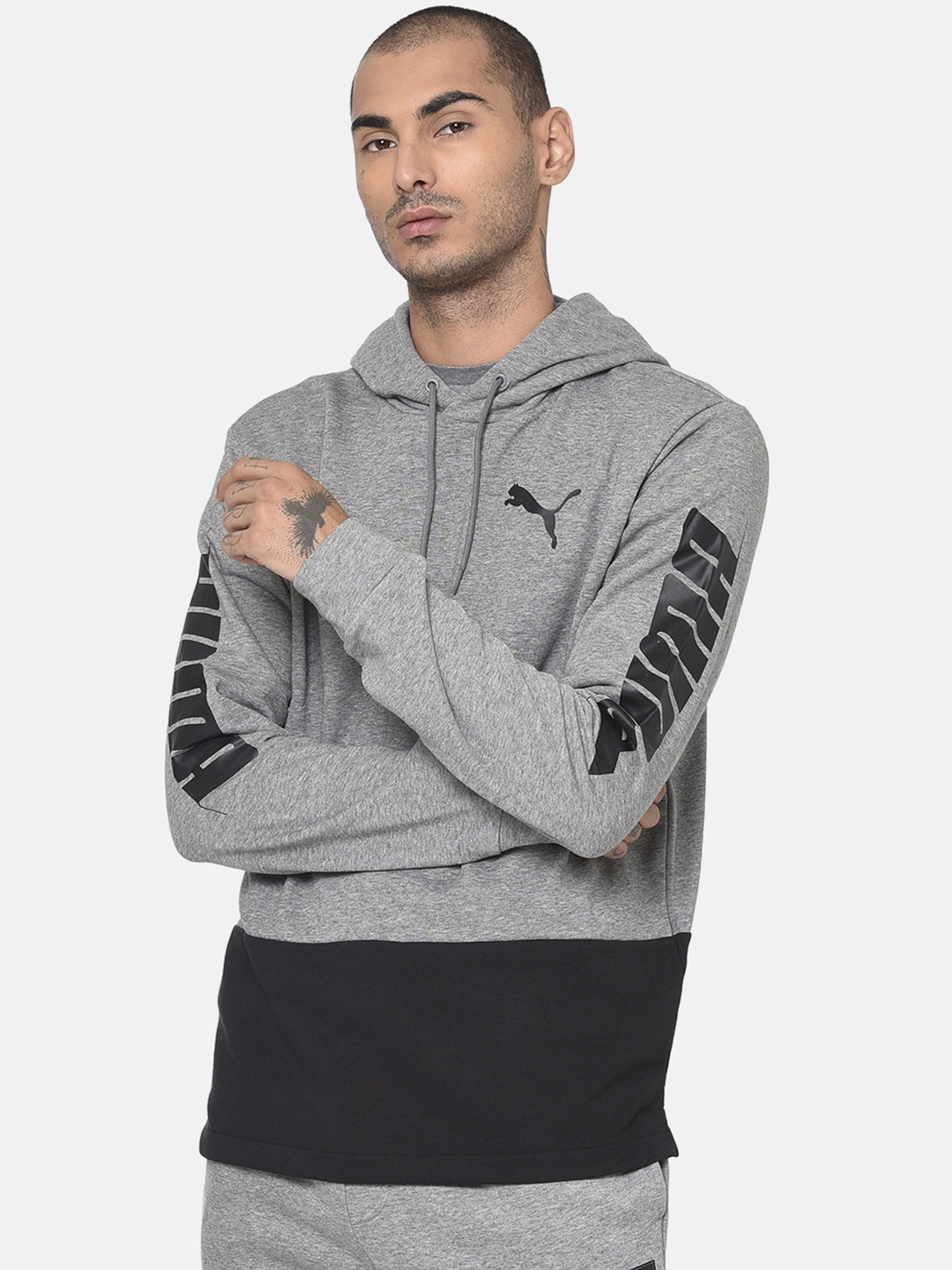 

Puma Men Grey & Black Colourblocked Hooded Sweatshirt