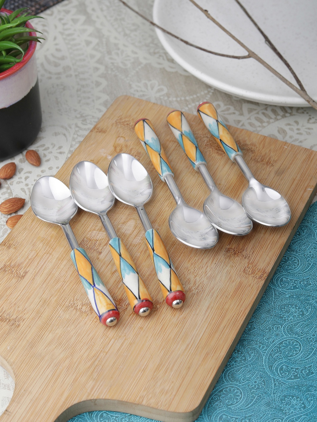VarEesha Set of 6 Orange & Blue Printed Ceramic Spoons