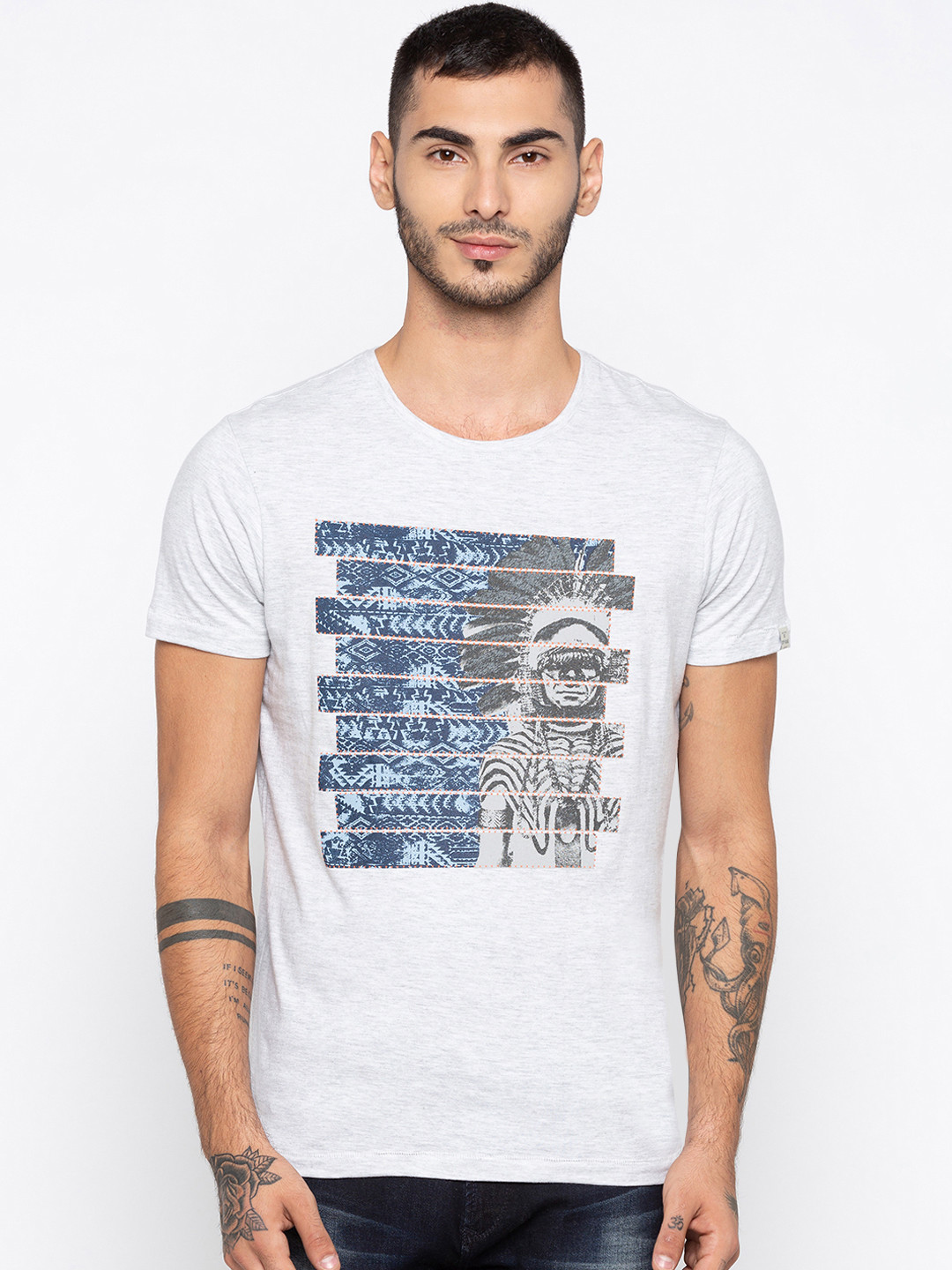 

SPYKAR Men Grey & Black Printed Round Neck T-shirt