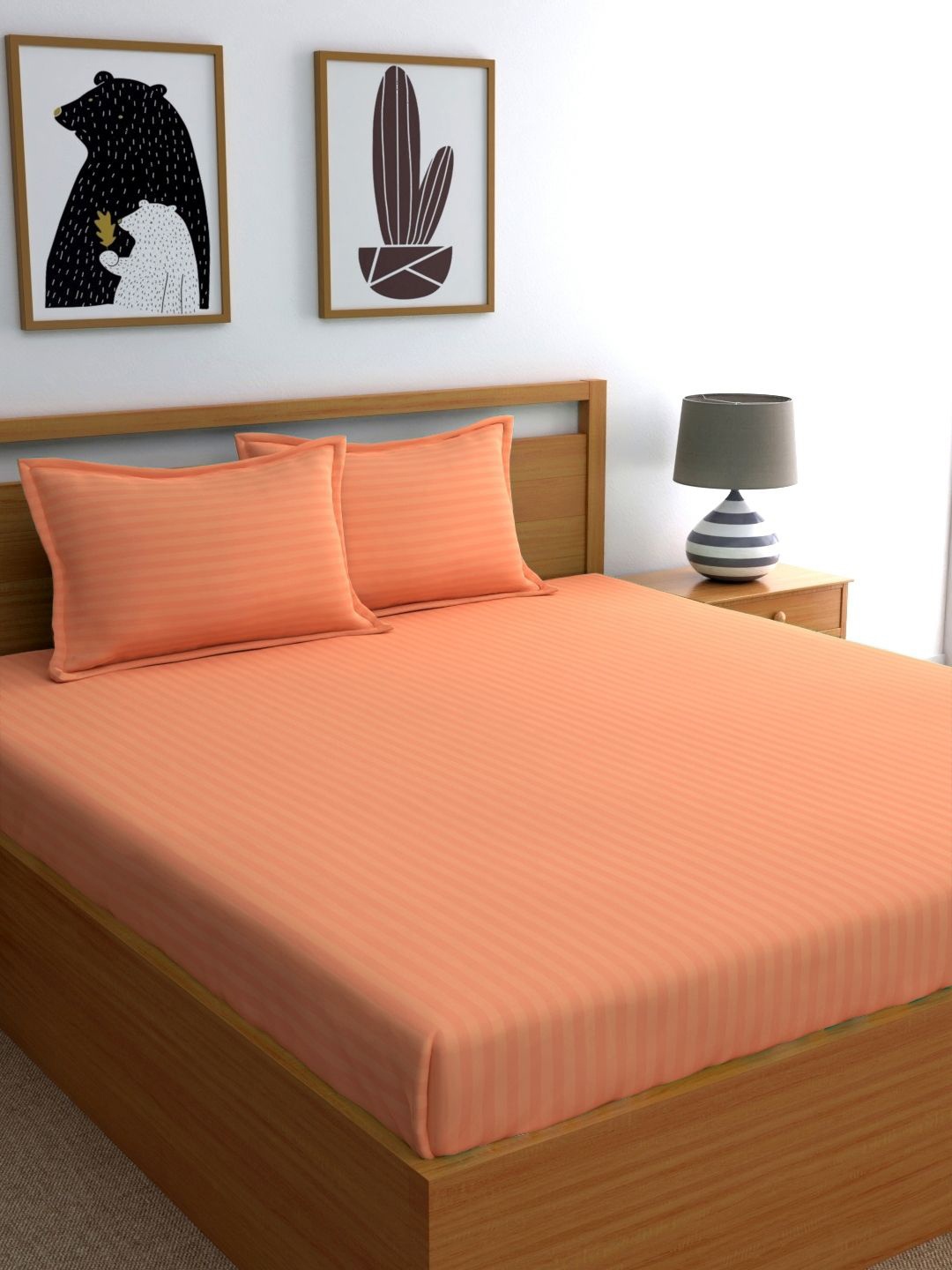 

Dreamscape Peach-Coloured Striped 220 TC Cotton 1 Queen Bedsheet with 2 Pillow Covers