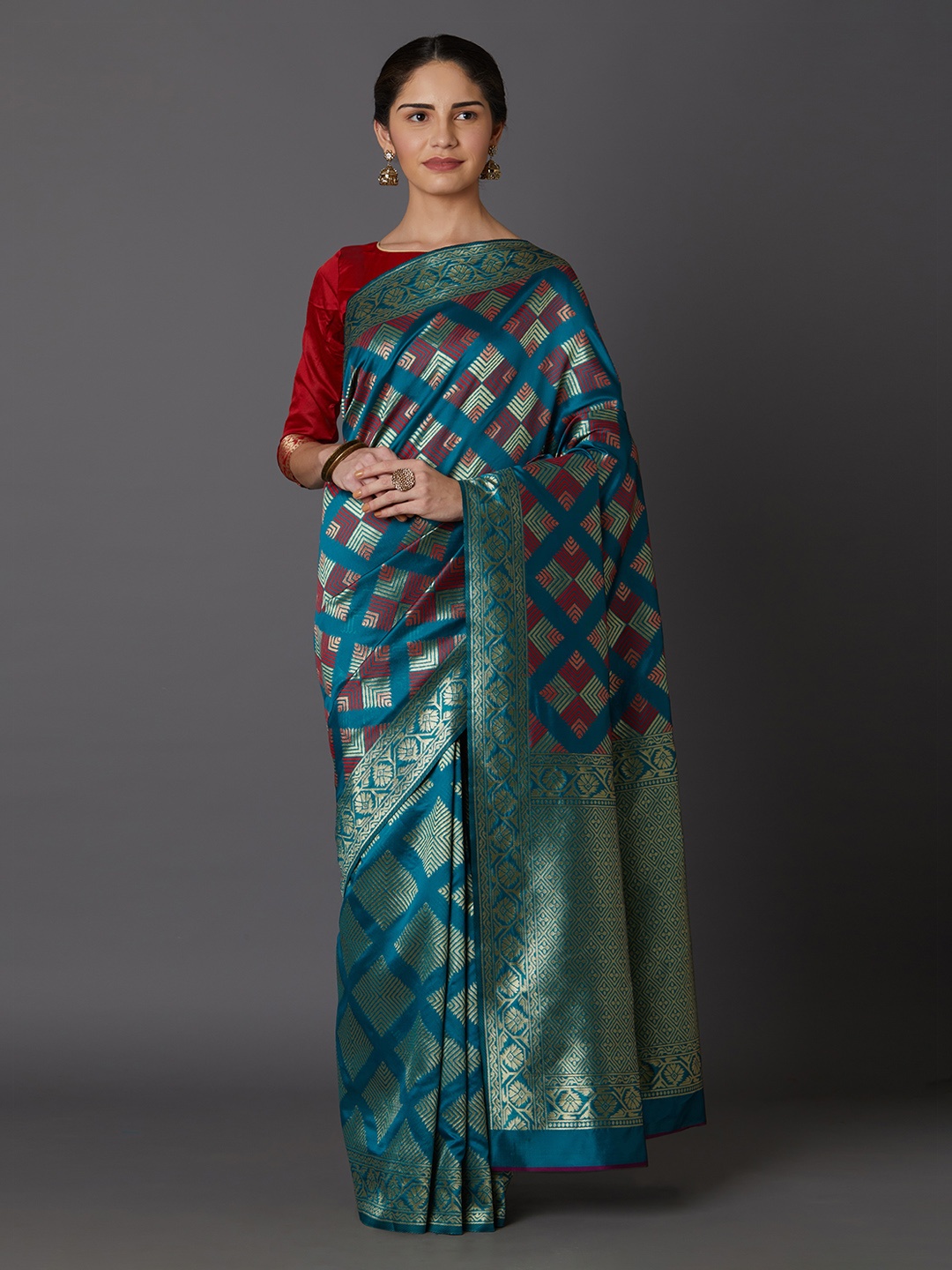 Mitera Teal Blue & Maroon Silk Blend Woven Design Kanjeevaram Saree