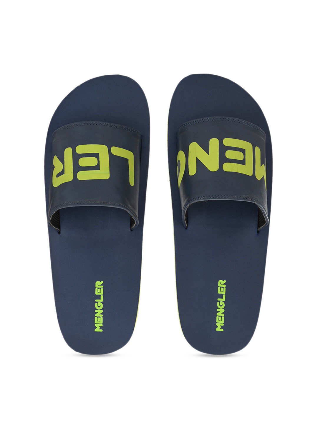 

MENGLER Men Blue & Lime Green Printed Sliders