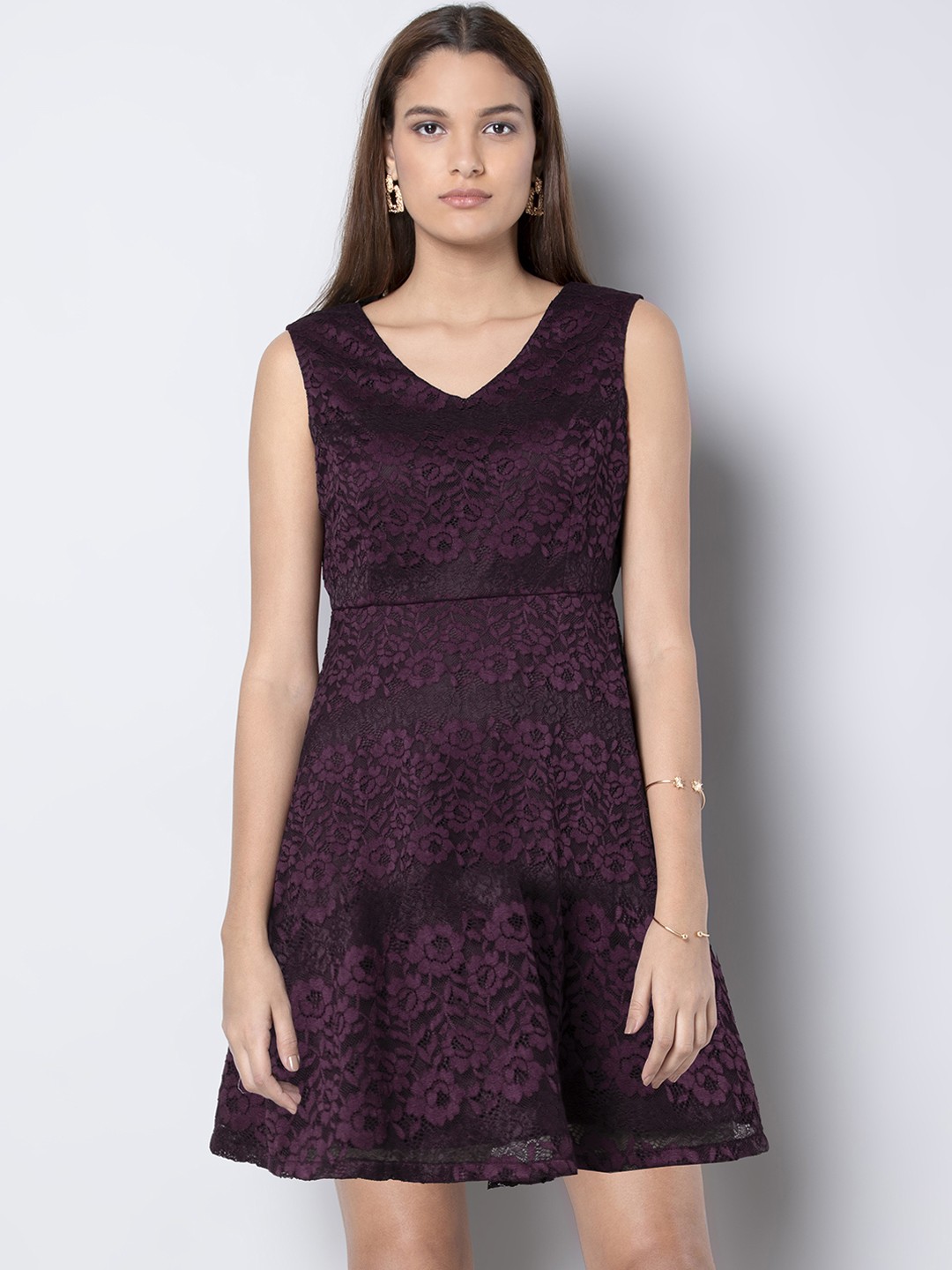 

FabAlley Women Purple Self Design Fit and Flare Dress