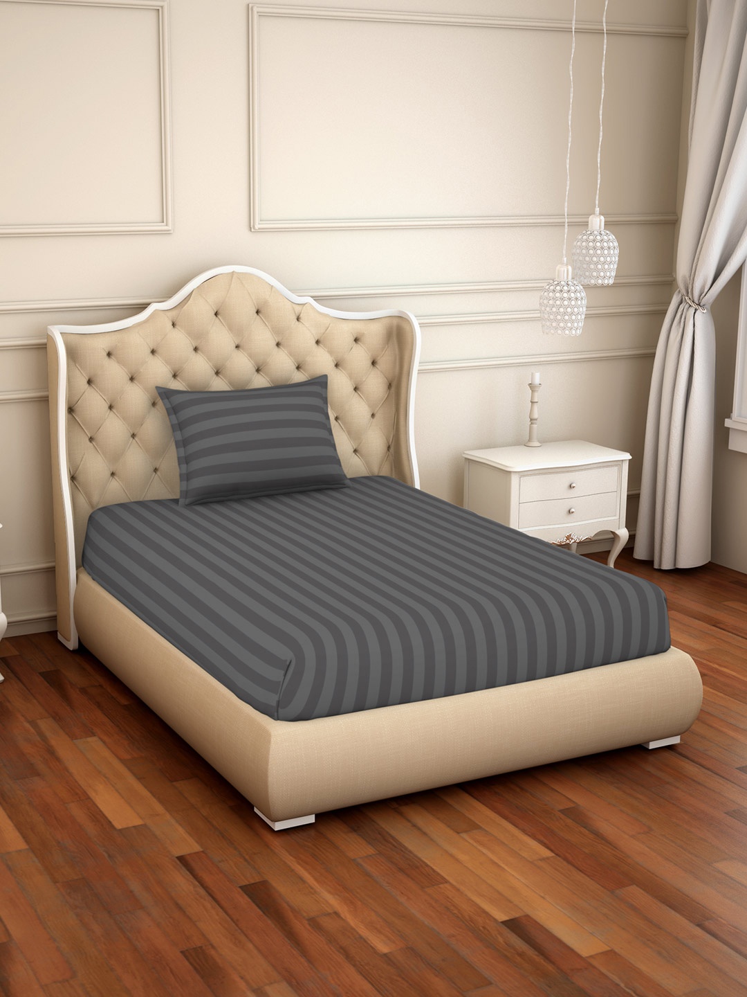 

SPACES Grey Striped 210 TC Cotton 1 Single Bedsheet with 1 Pillow Covers