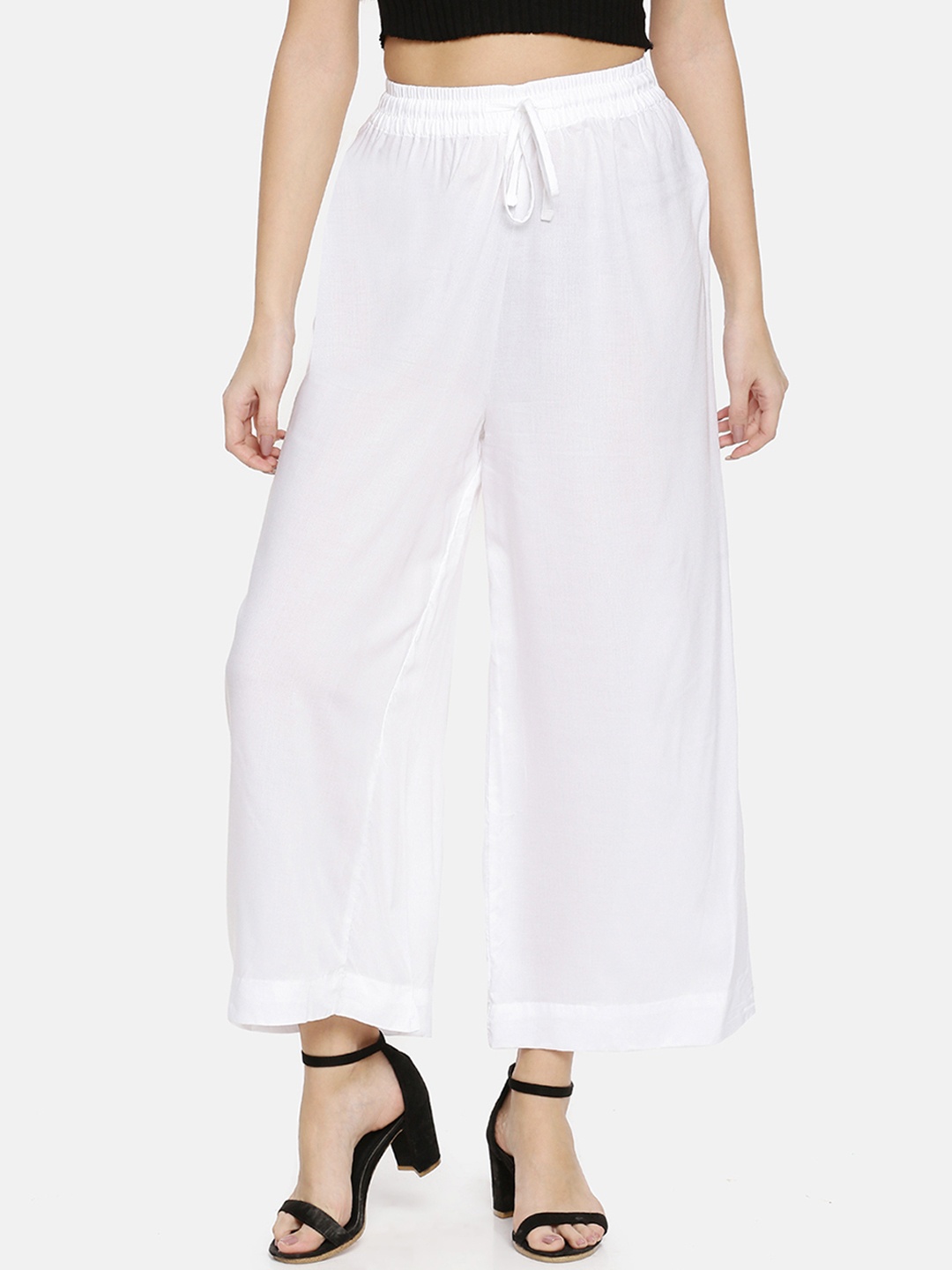 

TWIN BIRDS Women White Solid Wide Leg Palazzos