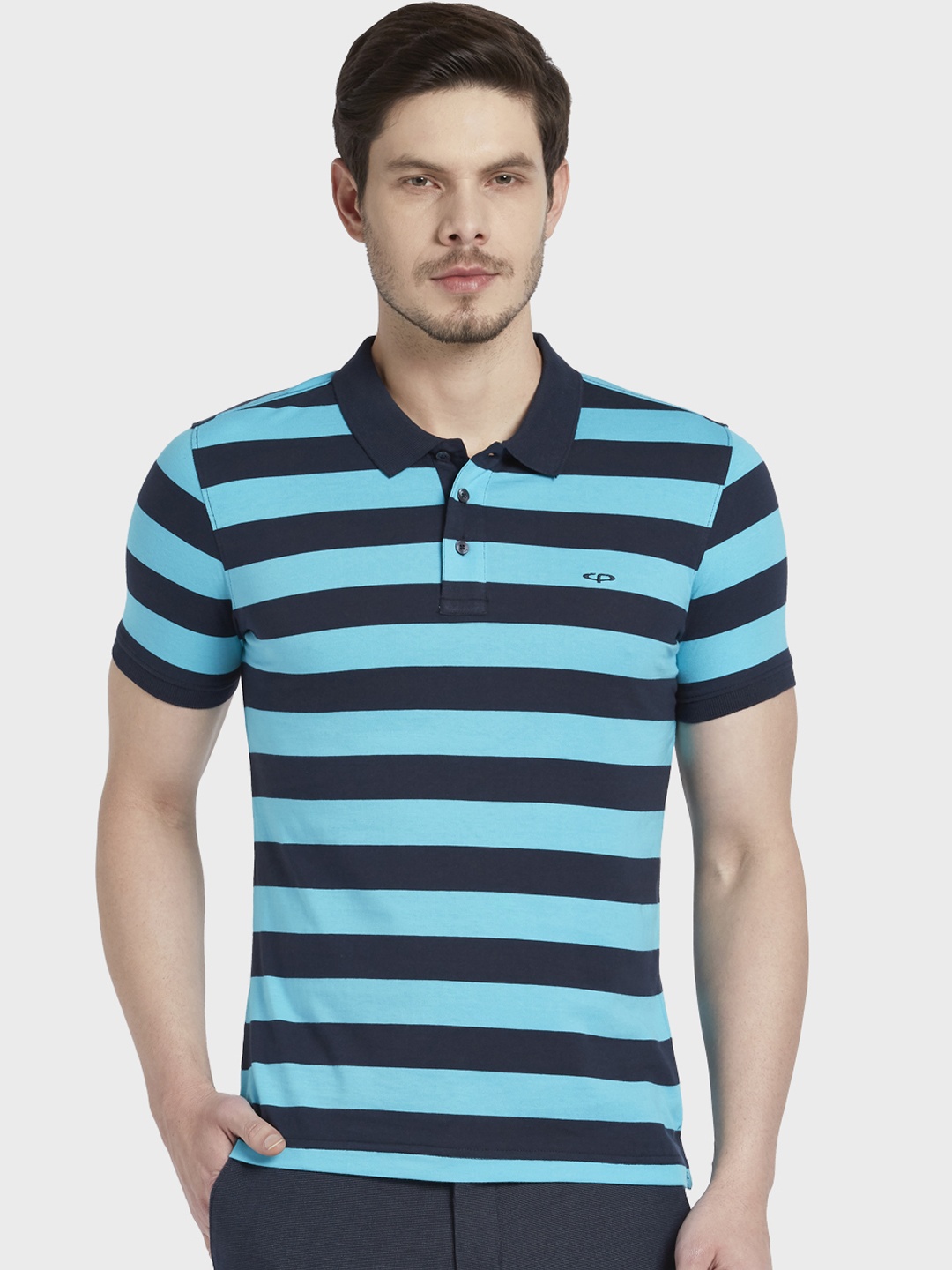 

ColorPlus Men Blue Striped Polo Collar T-shirt