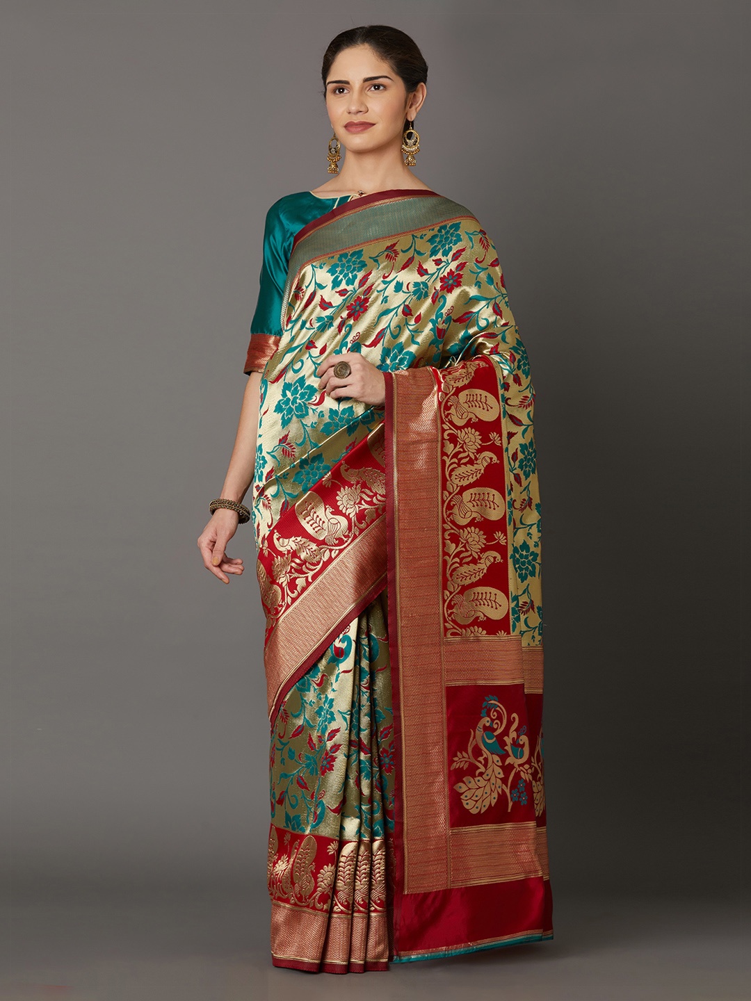

Mitera Gold-Toned & Green Silk Blend Woven Design Kanjeevaram Saree