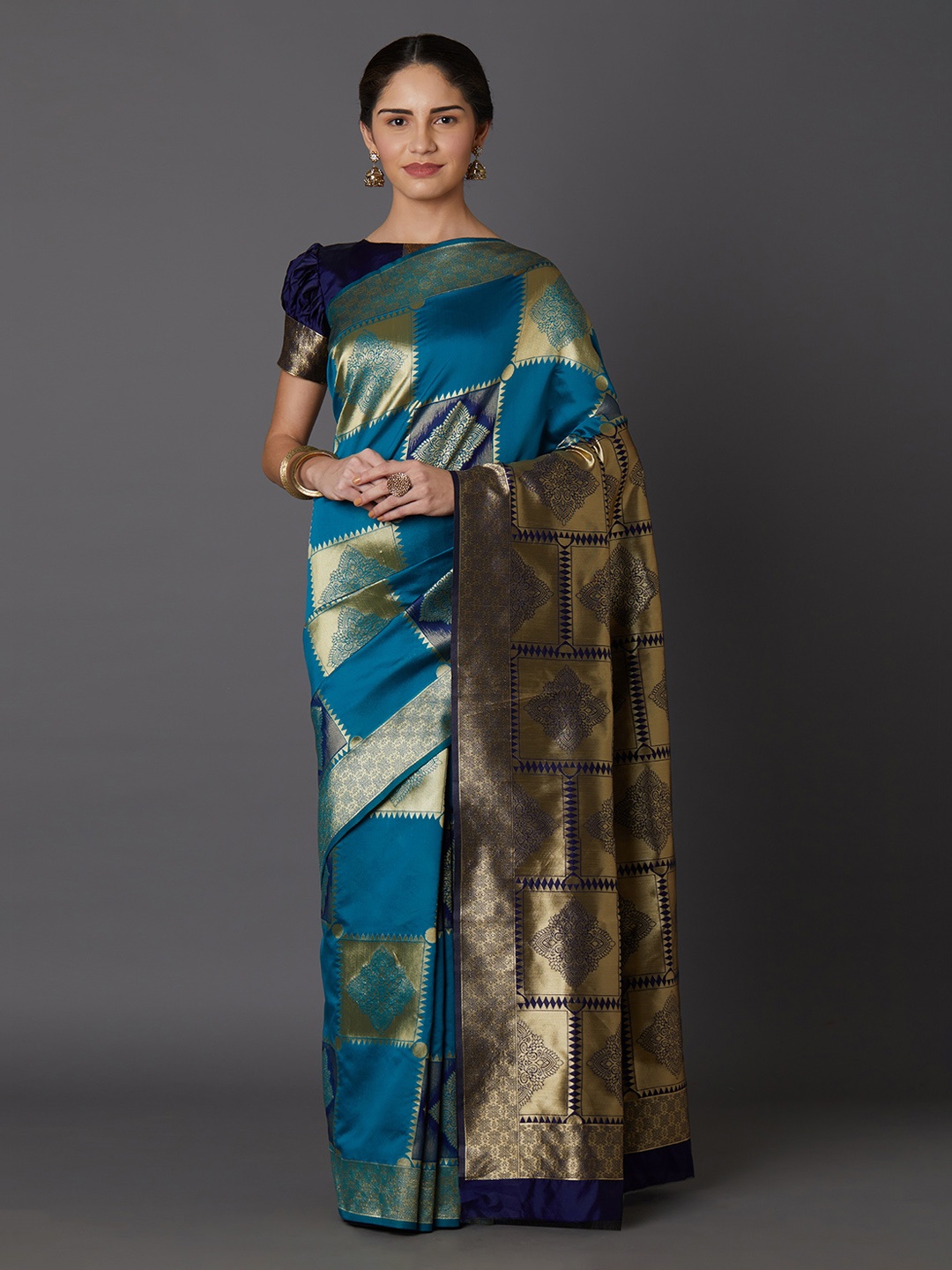 

Mitera Turquoise Blue & Gold-Toned Silk Blend Woven Design Kanjeevaram Saree