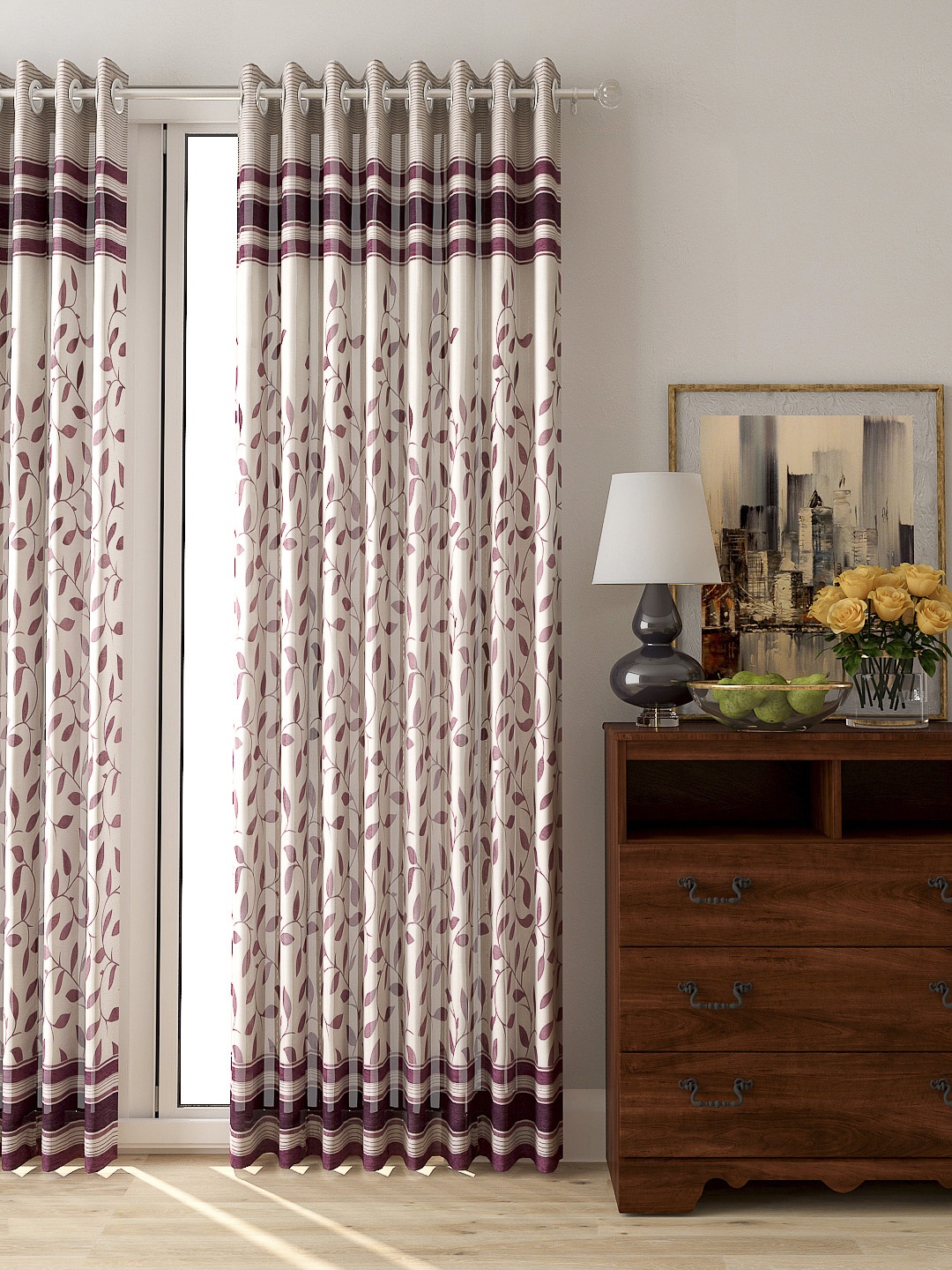 

Cortina Purple & Off-White Single Printed Black Out Long Door Curtain