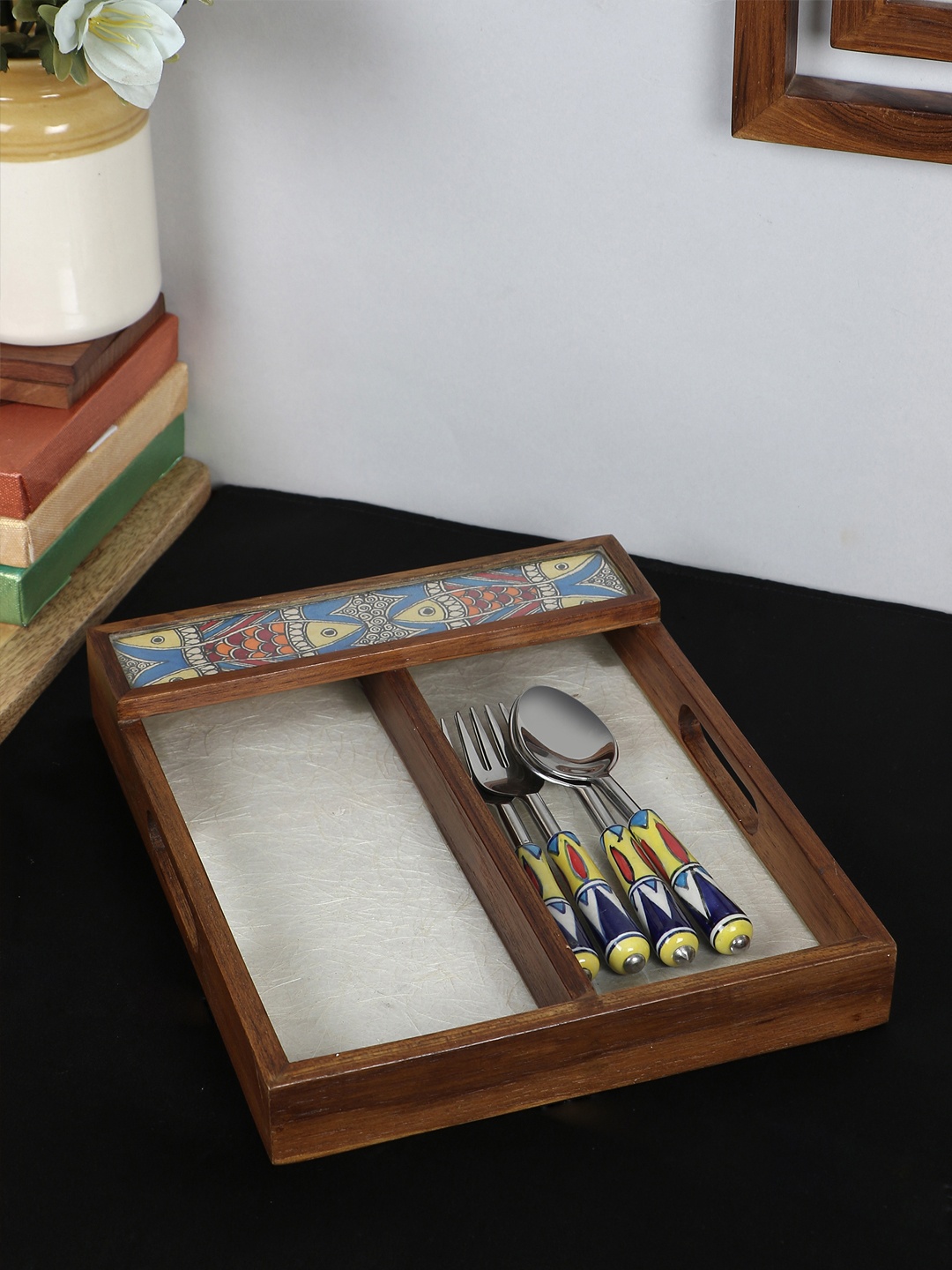 

VarEesha Brown Hand Painted Madhubani Teak Wood Spoon Holder