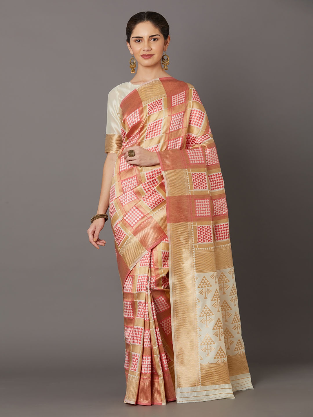 

Mitera Peach-Coloured & Off-White Silk Blend Woven Design Kanjeevaram Saree
