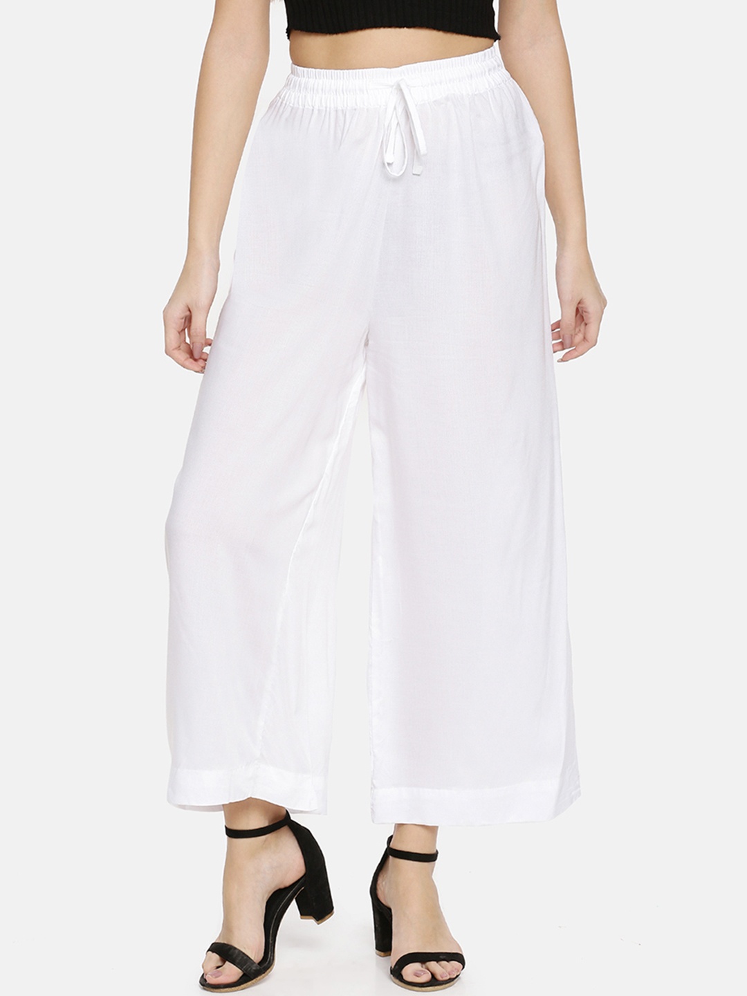 

TWIN BIRDS Women White Solid Wide Leg Palazzos