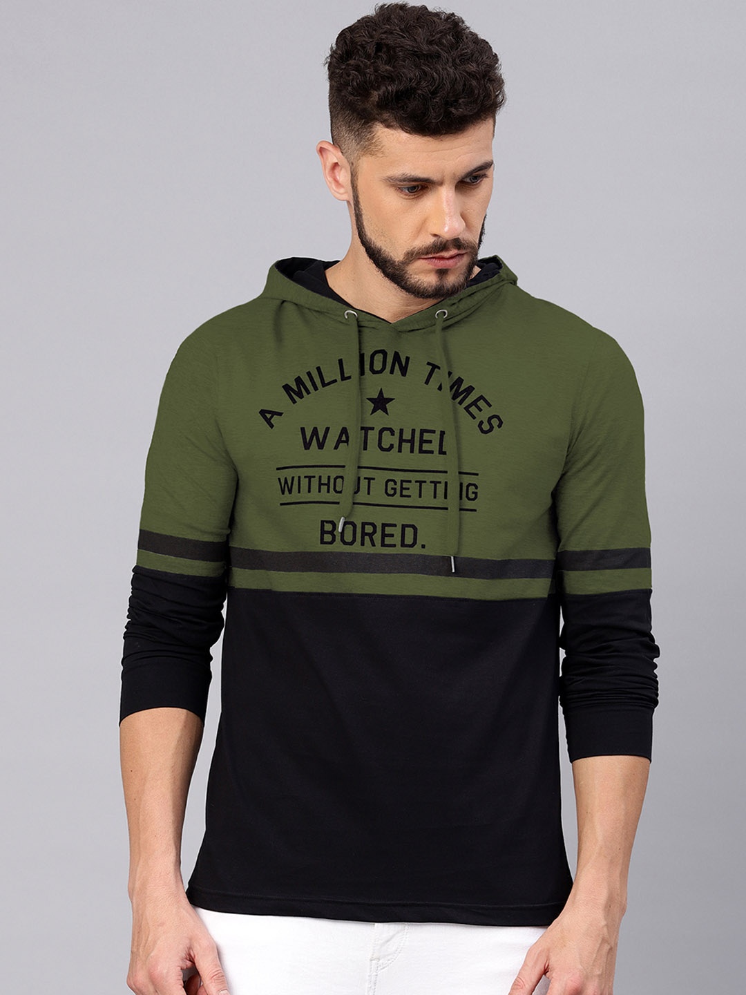 

Maniac Men Olive Green Black Slim Fit Colourblocked Hood Pure Cotton T-shirt