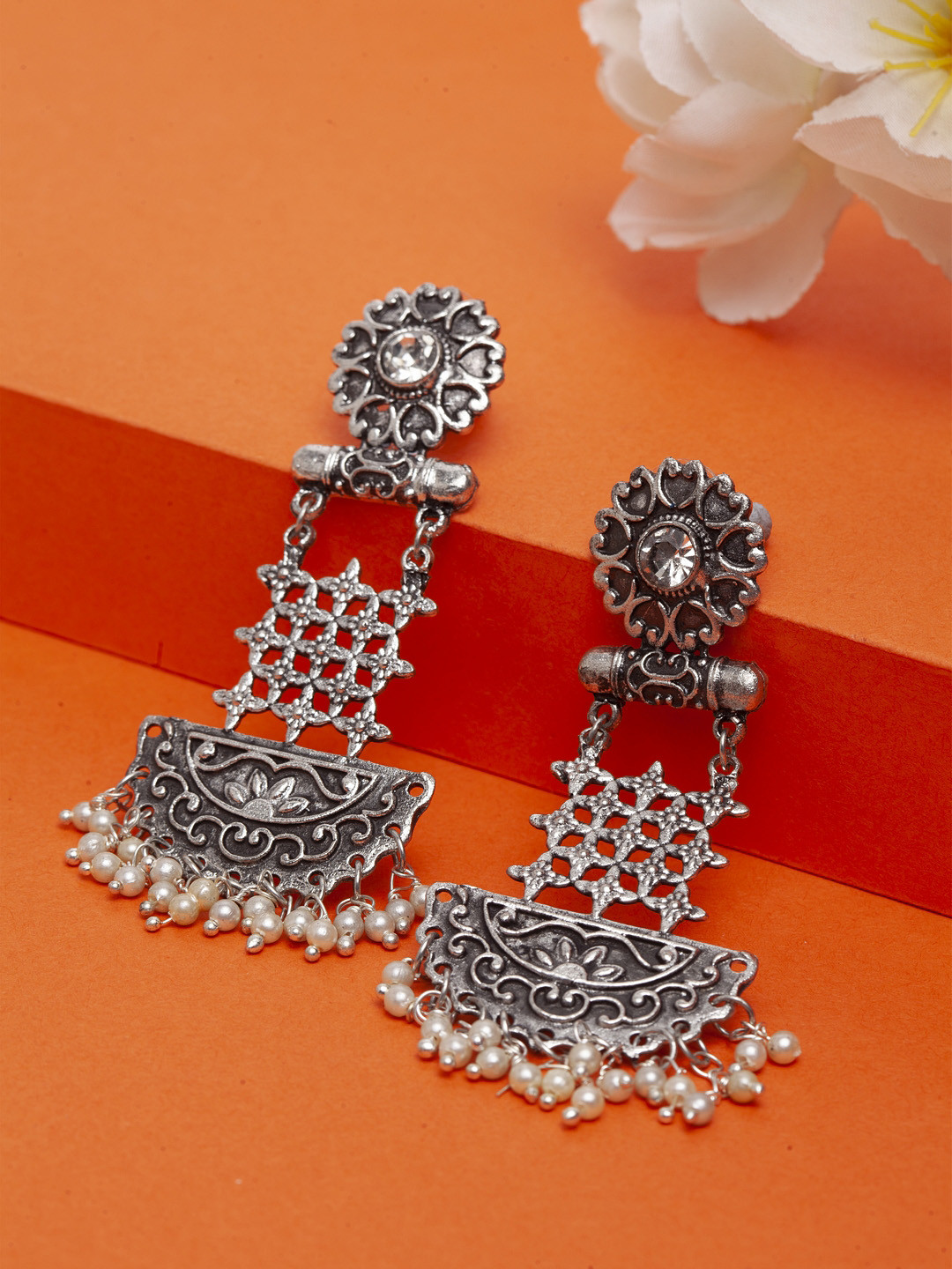 

Moedbuille Brass-Plated Silver-Toned Crescent Shaped Drop Earrings